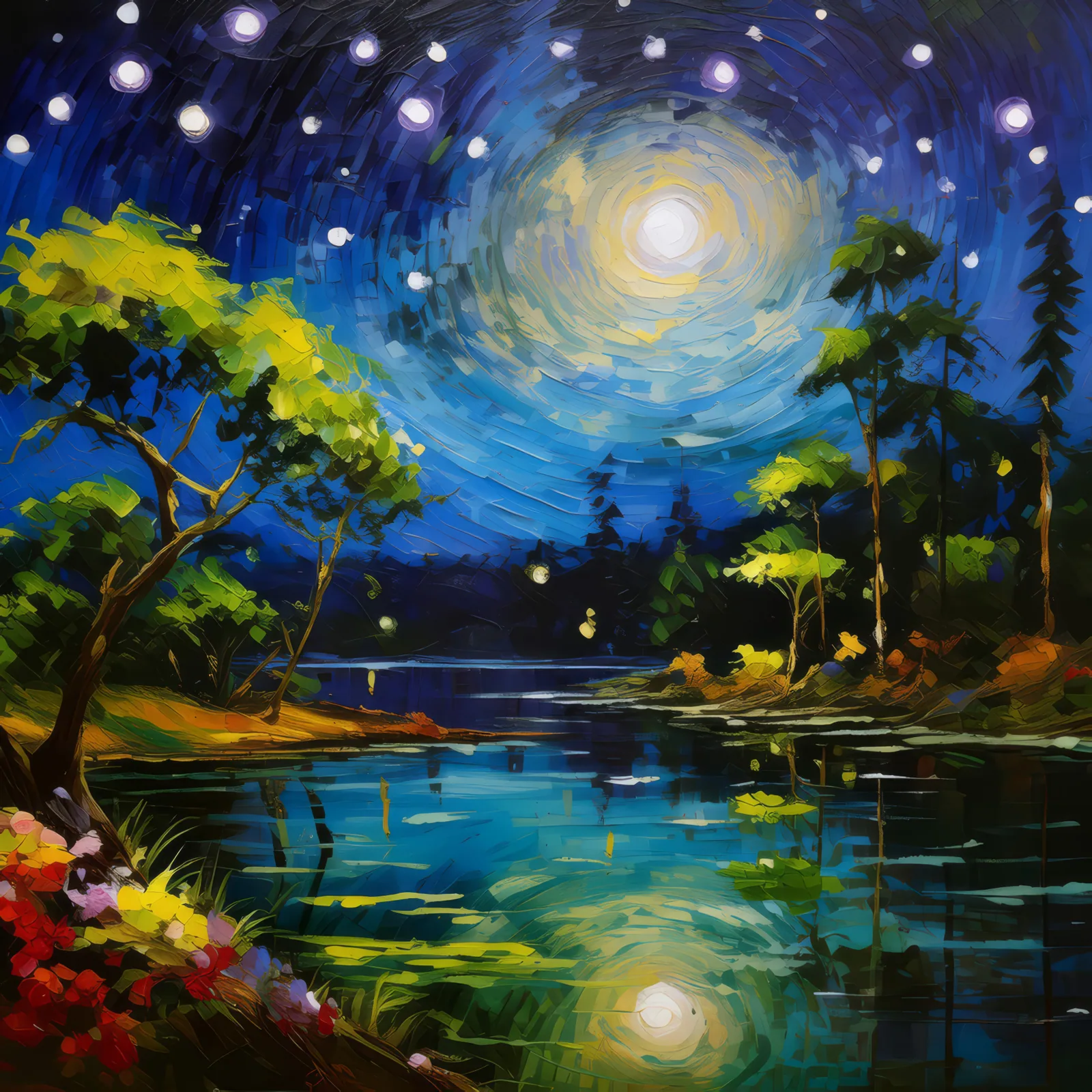 Starry Sky Over Lagoon, a palette-knife oil landscape by Emma Mickelberg