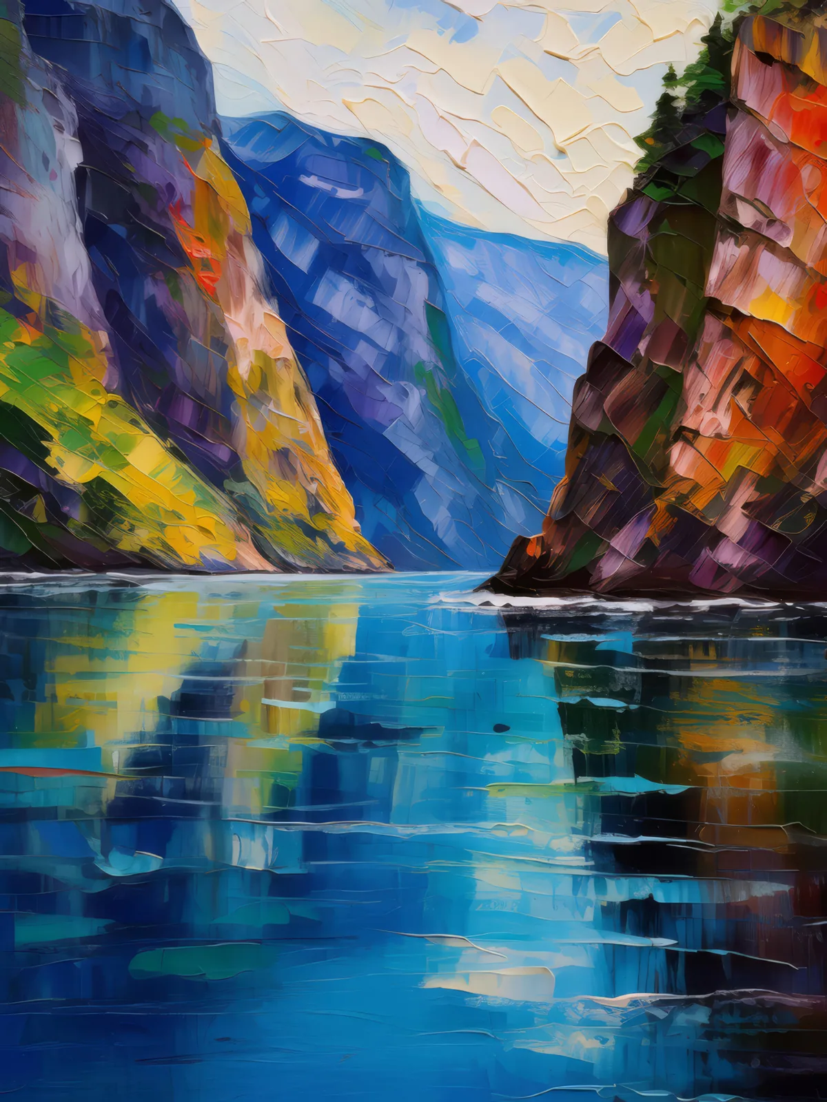 Steep Cliffs and Deep Waters, a palette-knife oil landscape by Emma Mickelberg