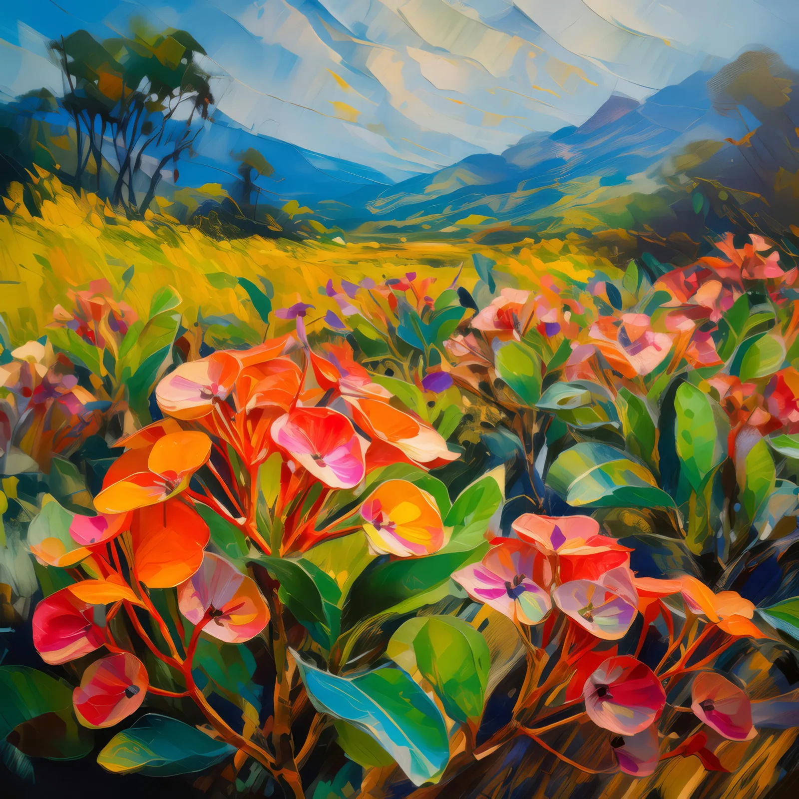 Steppe Euphorbia Bloom, a palette-knife oil landscape by Emma Mickelberg