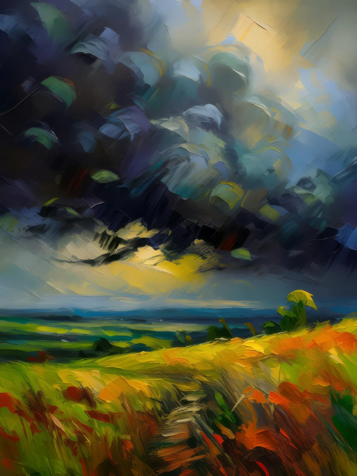 Storm Approaching Grassland, a palette-knife oil landscape by Emma Mickelberg