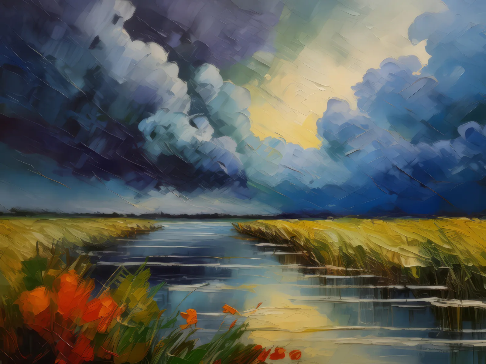 Storm Clouds Over Delta, a palette-knife oil landscape by Emma Mickelberg
