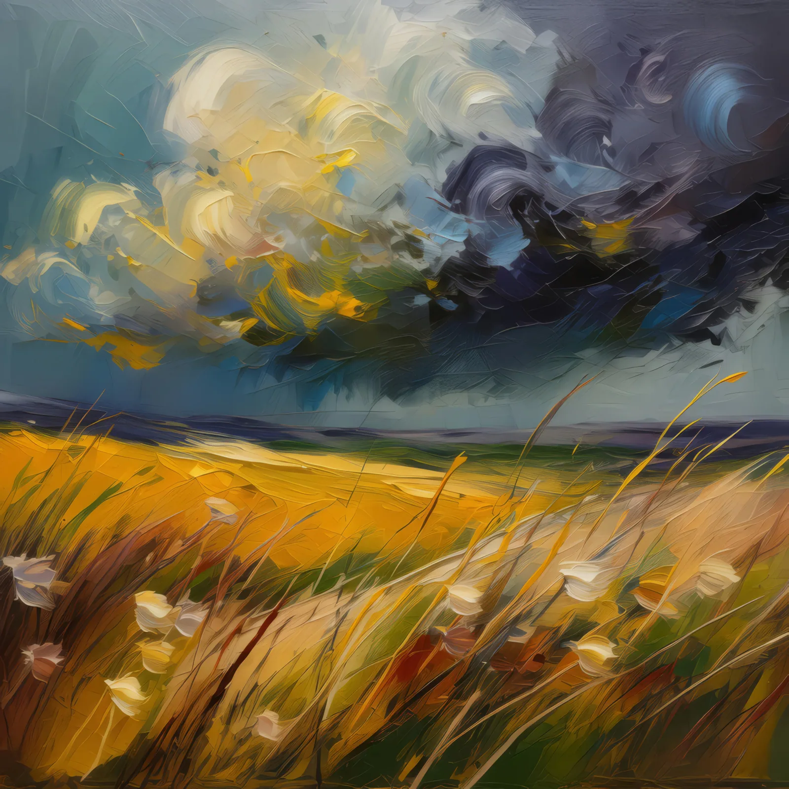 Storm Clouds Over Grassland, a palette-knife oil landscape by Emma Mickelberg