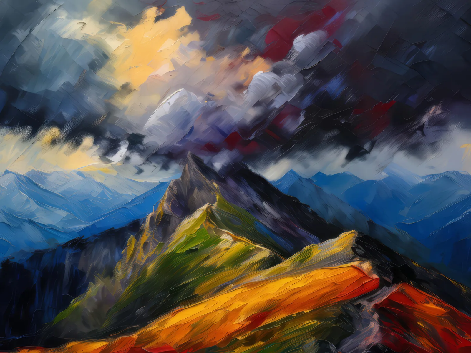 Storm Over Alpine Ridge, a palette-knife oil landscape by Emma Mickelberg