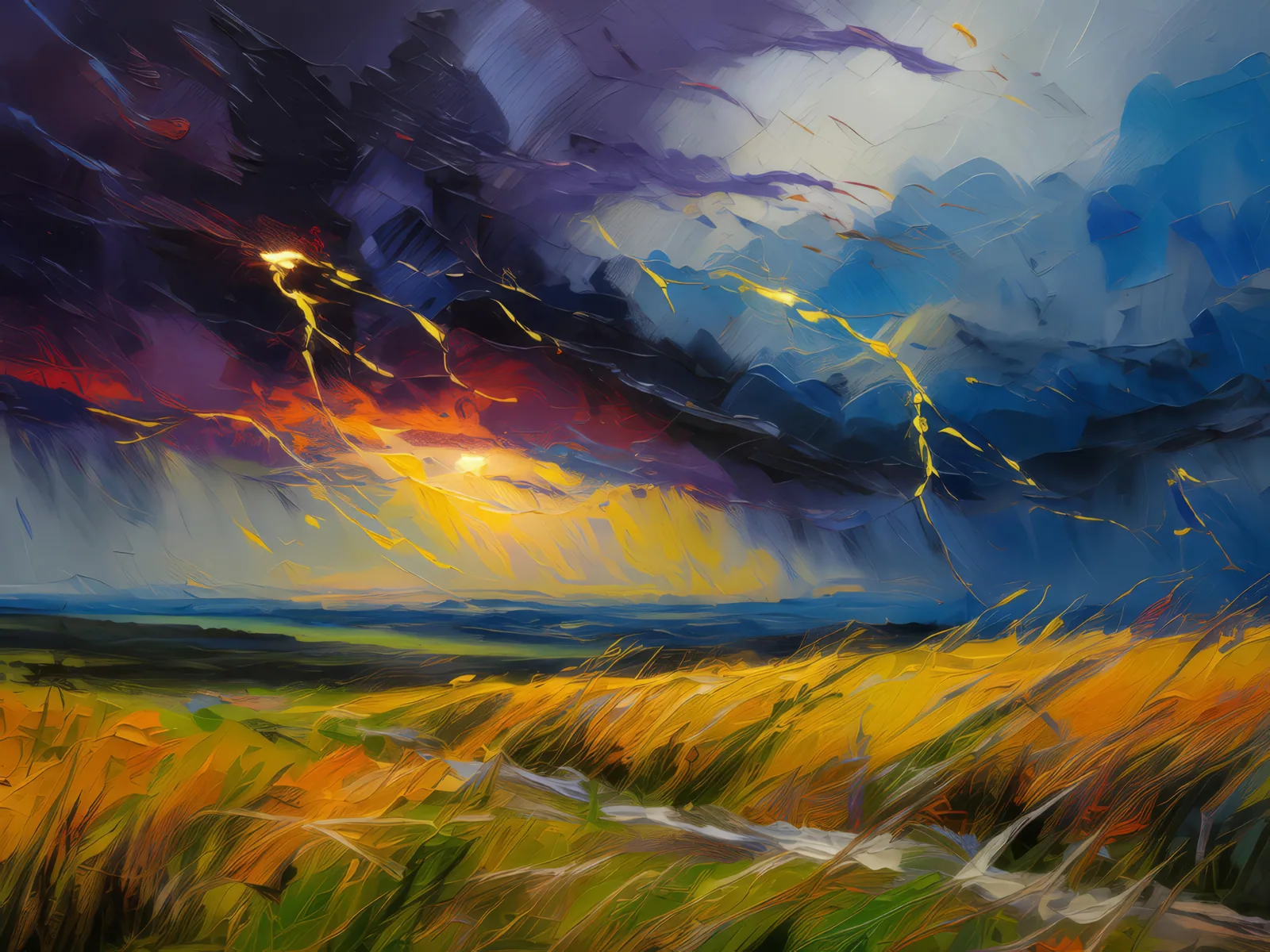 Storm Over Grassland, a palette-knife oil landscape by Emma Mickelberg