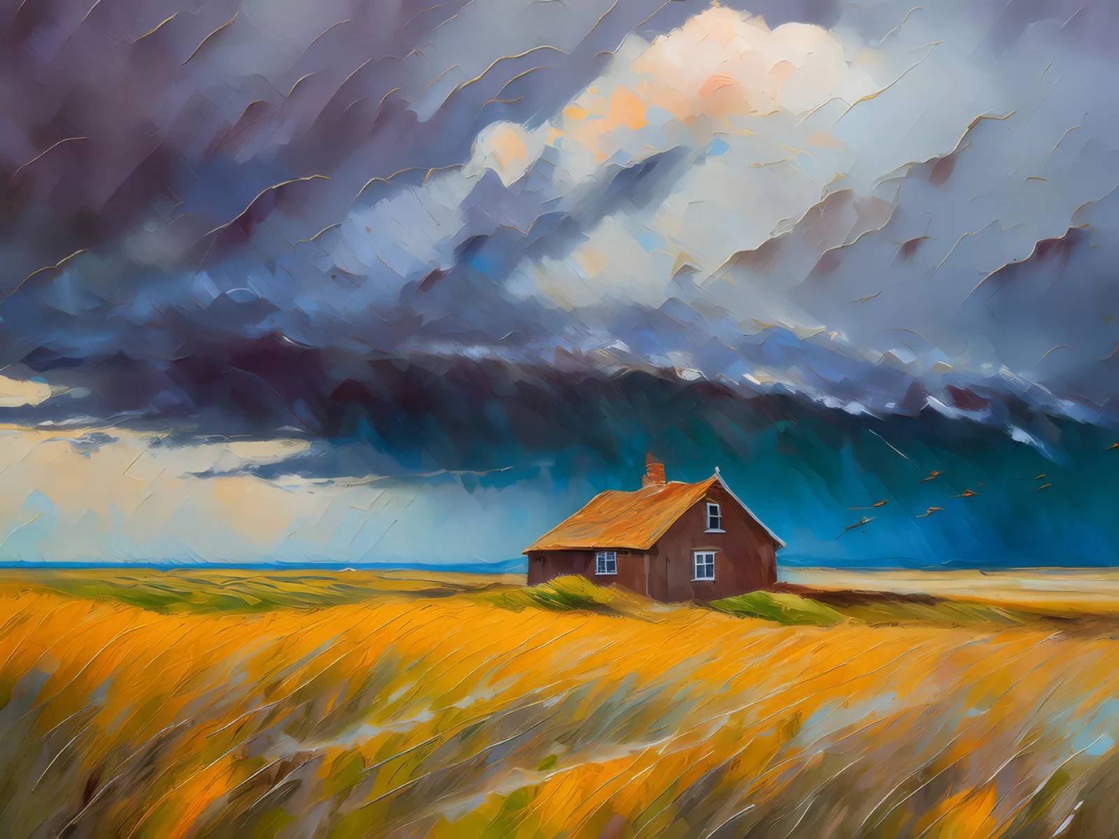 Storm Over Prairie Homestead, a palette-knife oil landscape by Emma Mickelberg