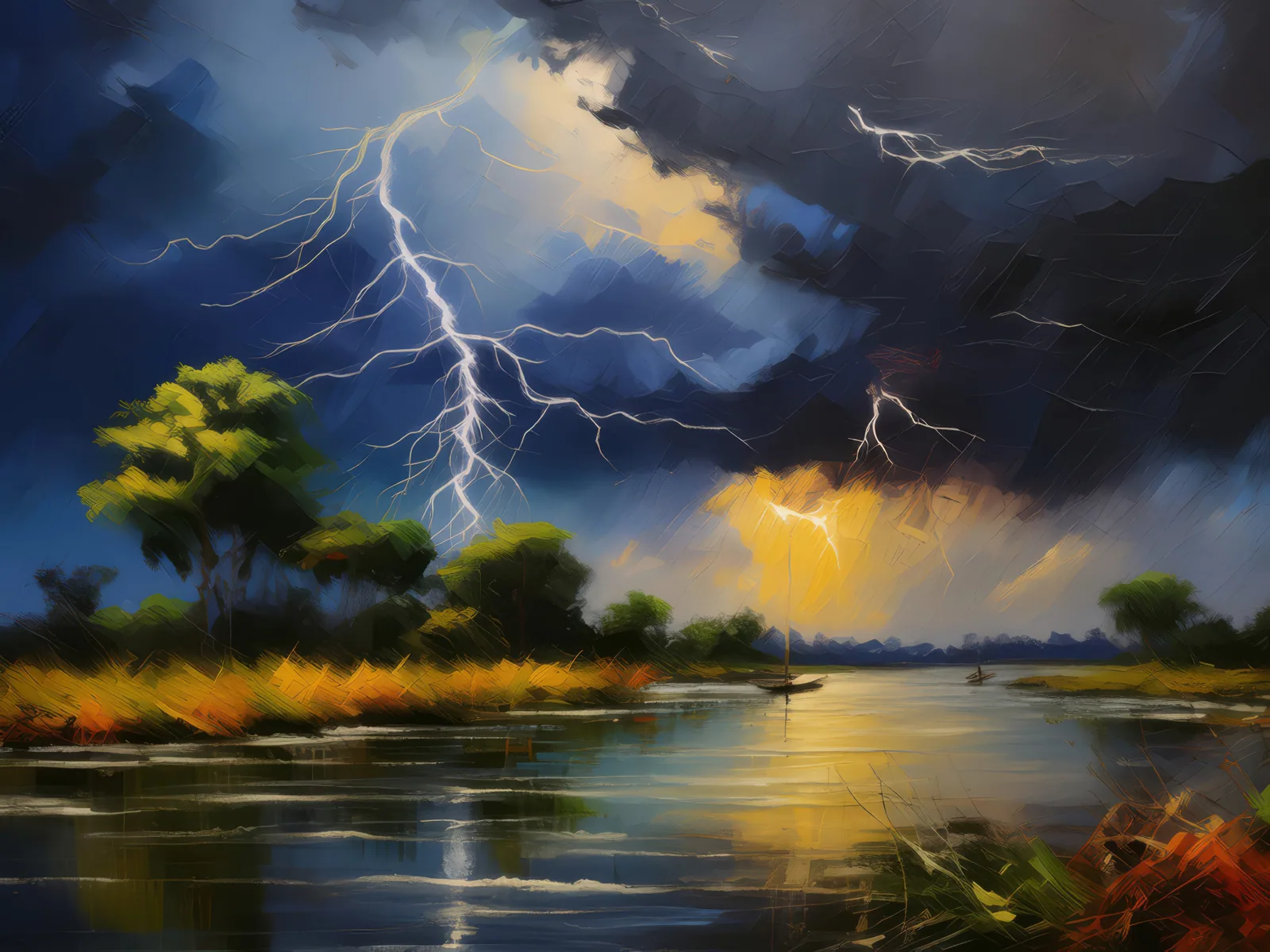 Storm Over the Delta, a palette-knife oil landscape by Emma Mickelberg