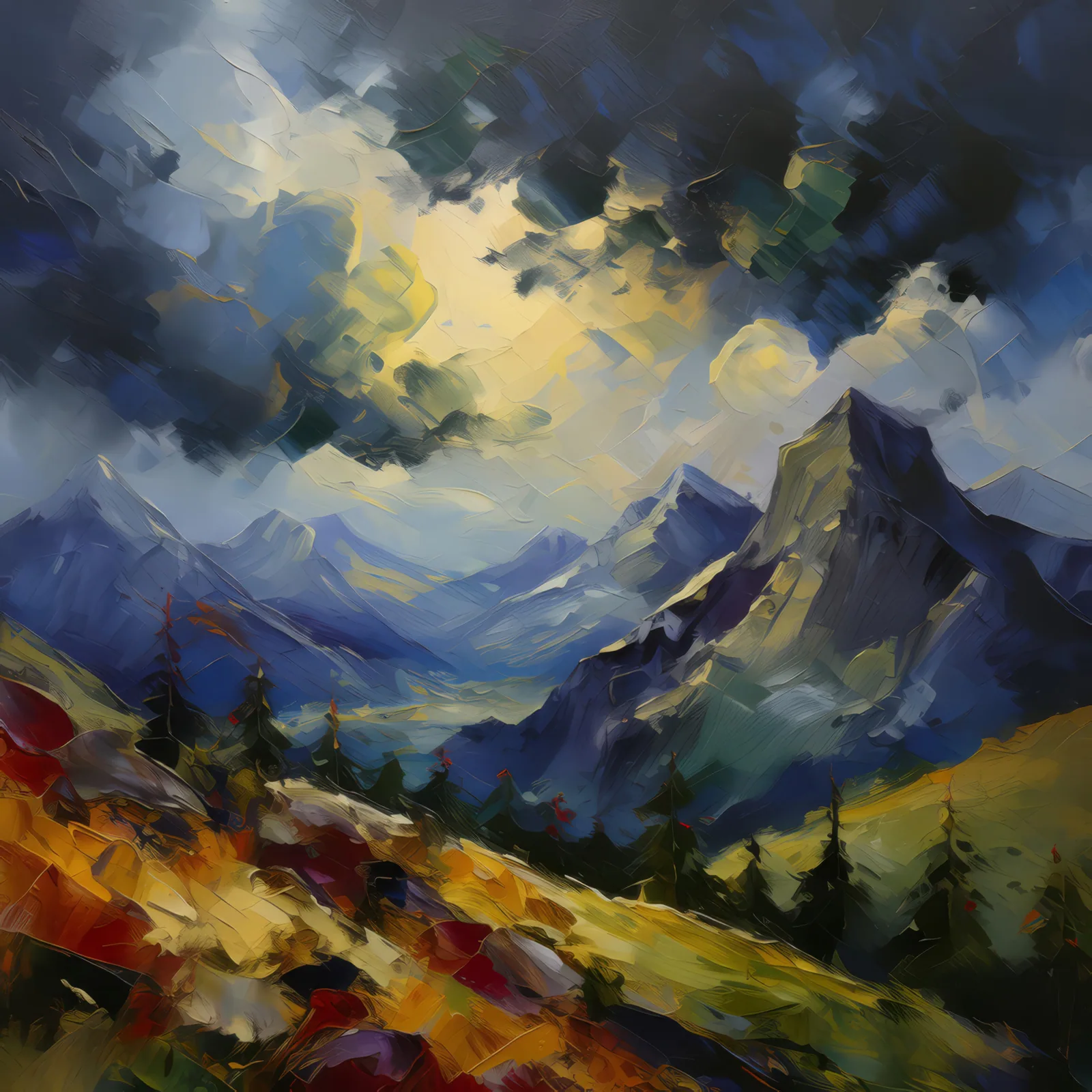 Stormy Alpine Skies, a palette-knife oil landscape by Emma Mickelberg
