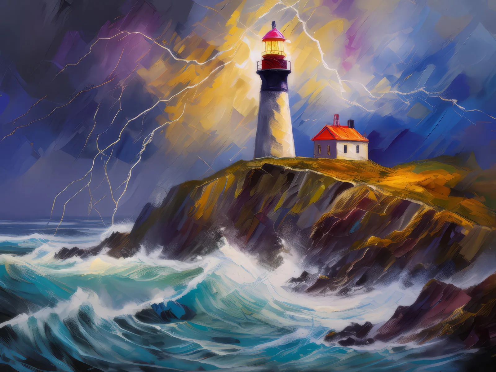 Stormy Cape Lighthouse, a palette-knife oil landscape by Emma Mickelberg