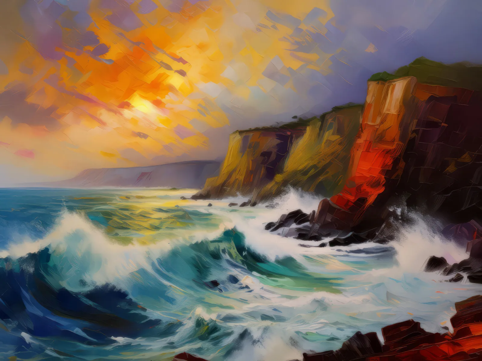 Stormy Coastal Cliffs, a palette-knife oil landscape by Emma Mickelberg