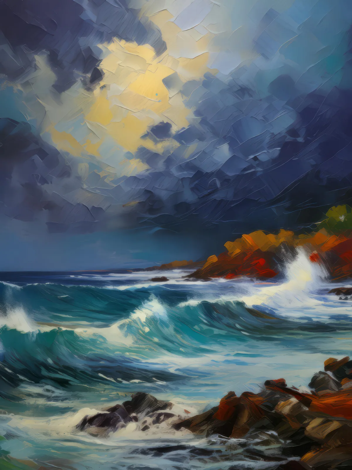 Stormy Coastal Waters, a palette-knife oil landscape by Emma Mickelberg
