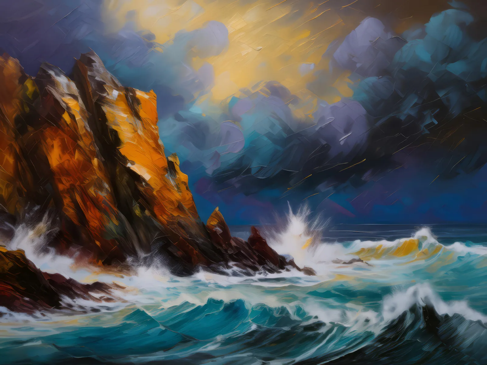 Stormy Crag Seascape, a palette-knife oil landscape by Emma Mickelberg