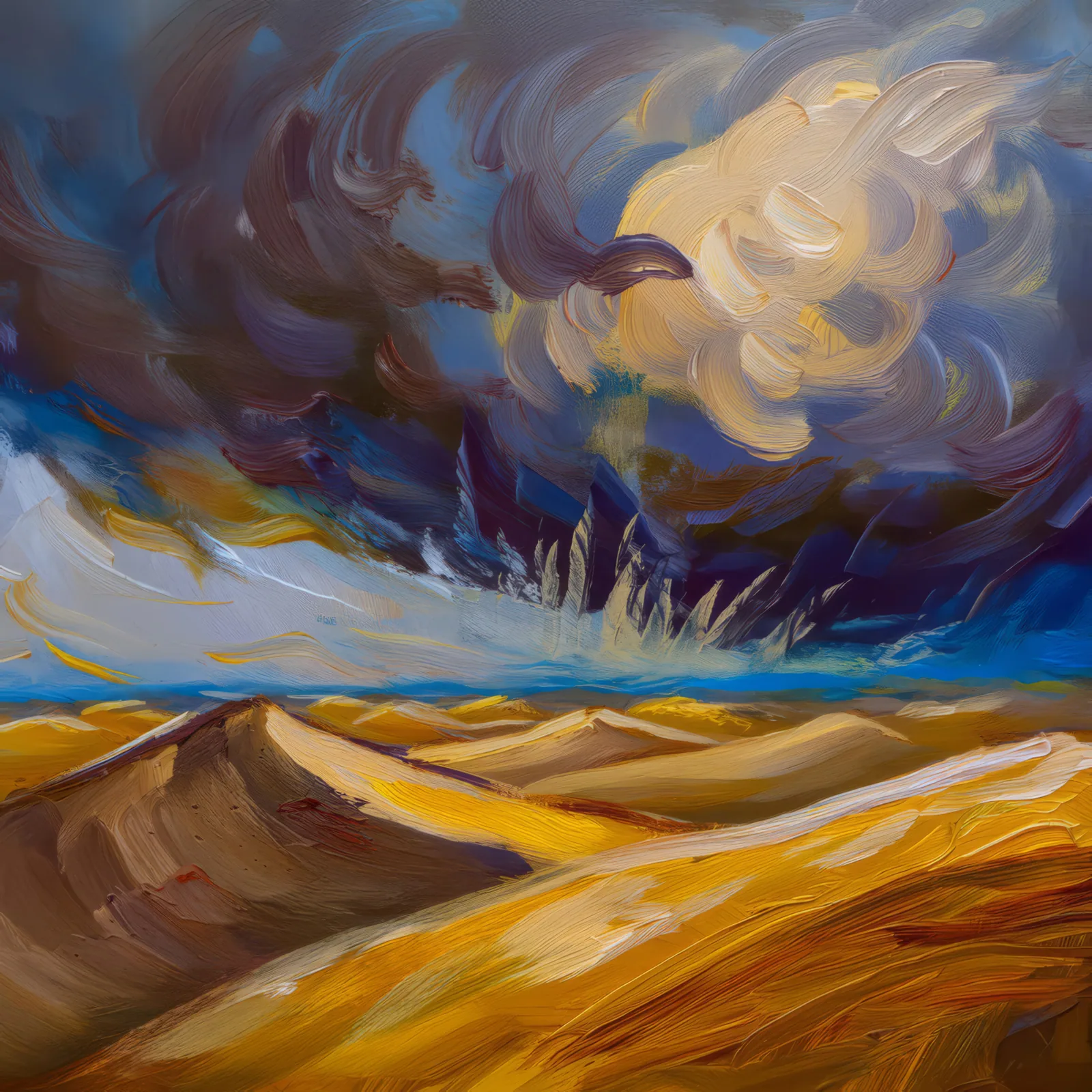 Stormy Desert Dunes, a palette-knife oil landscape by Emma Mickelberg