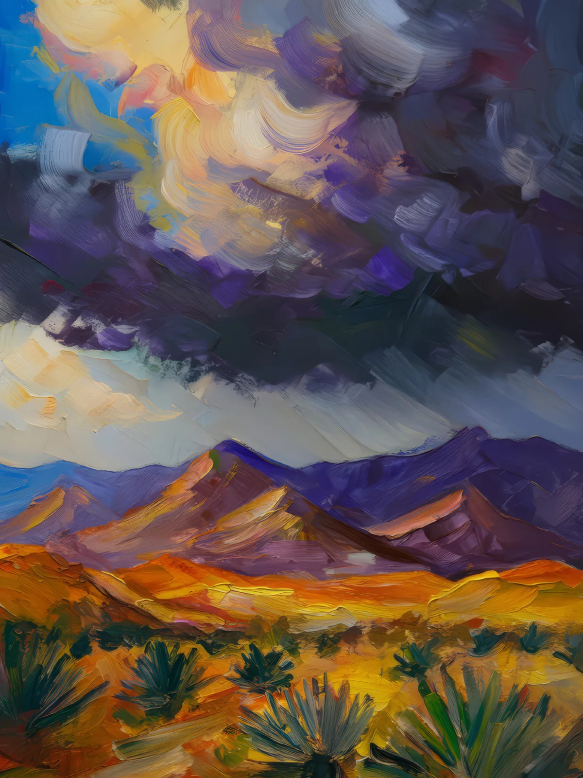 Stormy Desert Mountains, a palette-knife oil landscape by Emma Mickelberg