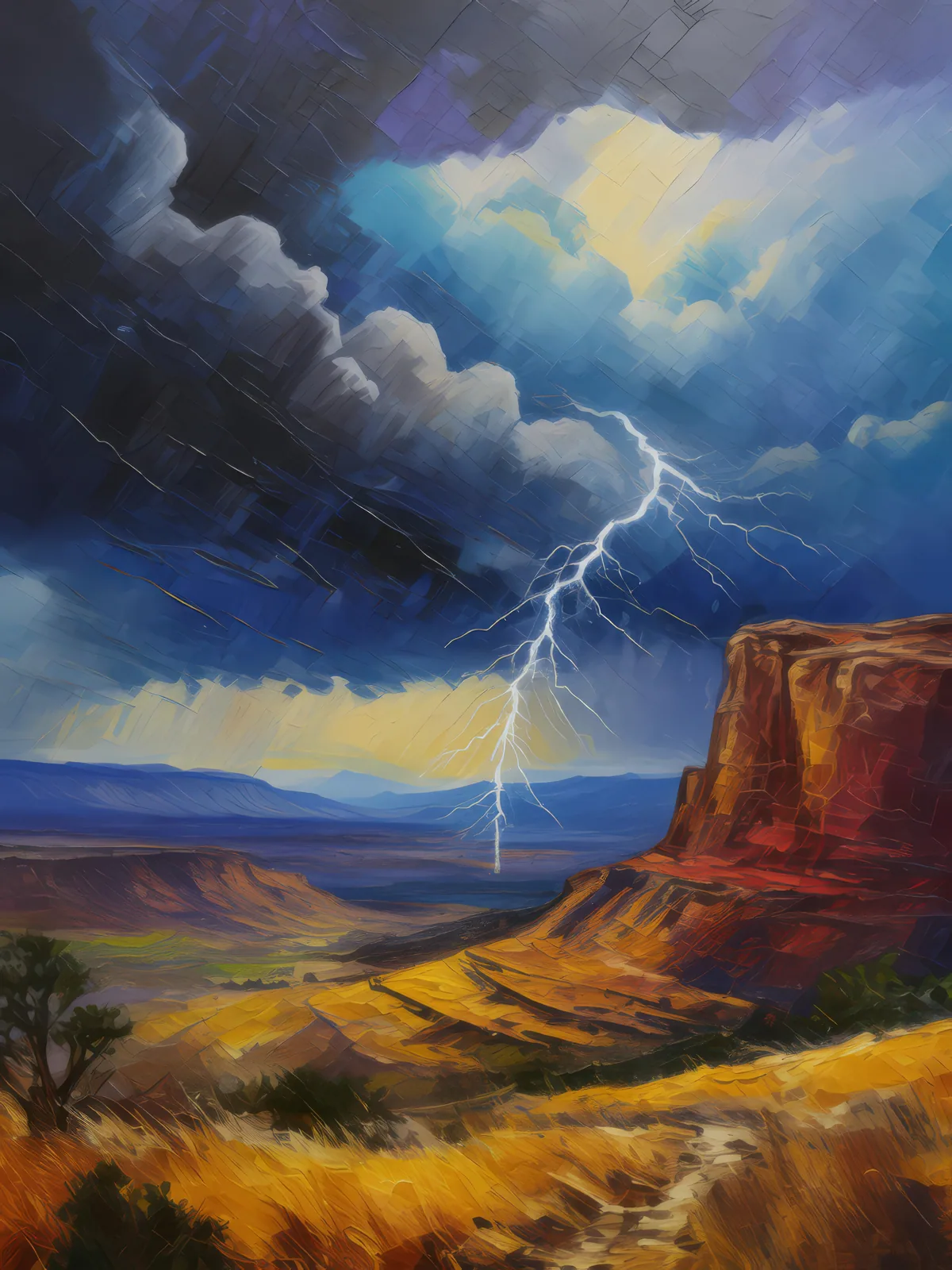 Stormy Mesa Scene, a palette-knife oil landscape by Emma Mickelberg