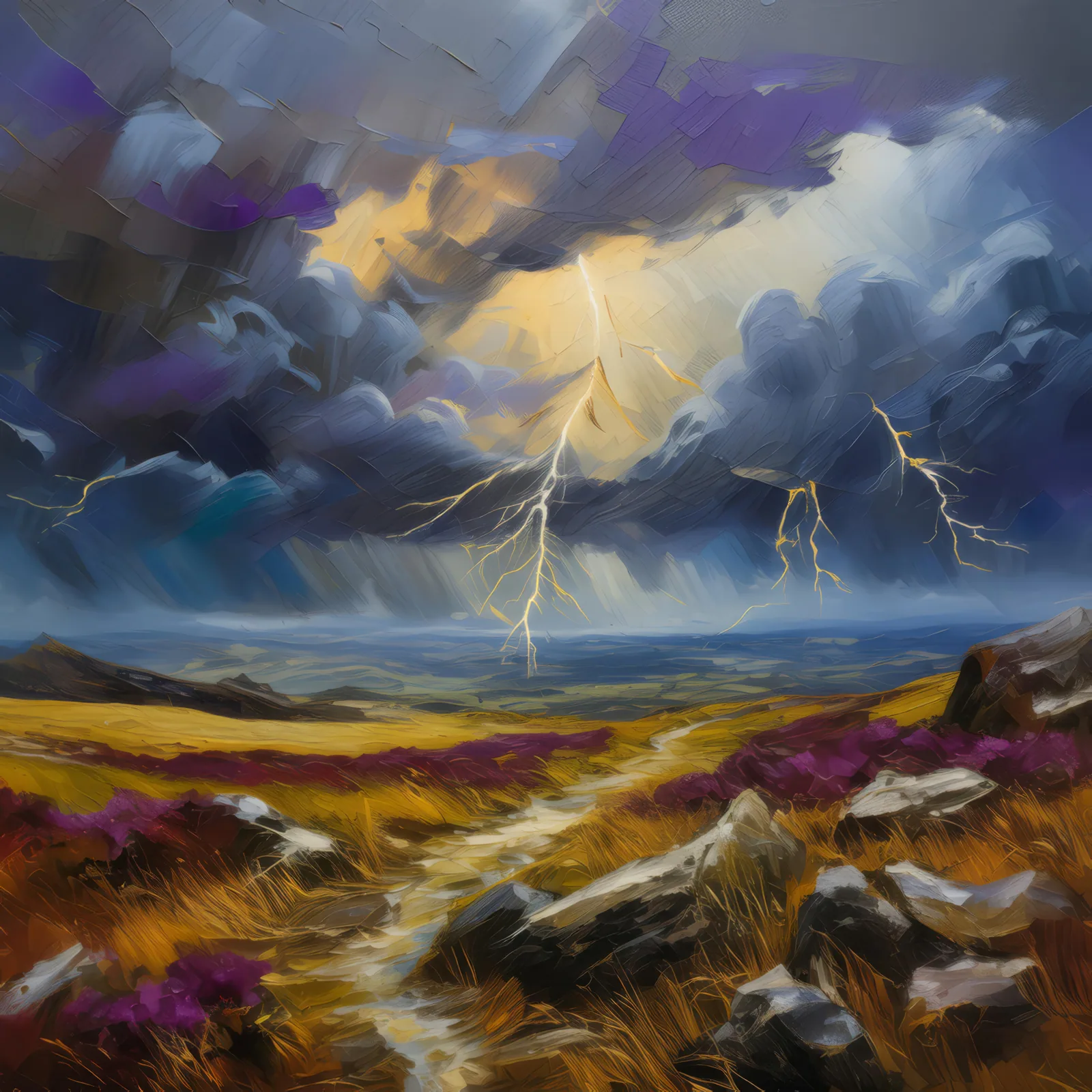 Stormy Moorland Scene, a palette-knife oil landscape by Emma Mickelberg