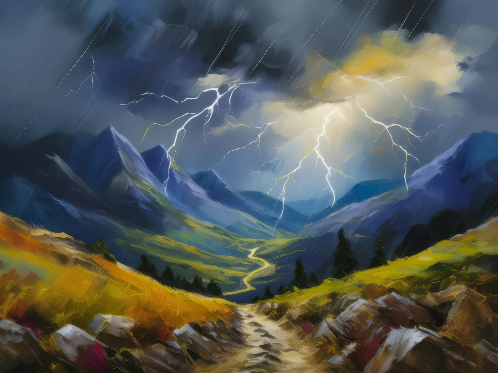 Stormy Mountain Pass, a palette-knife oil landscape by Emma Mickelberg