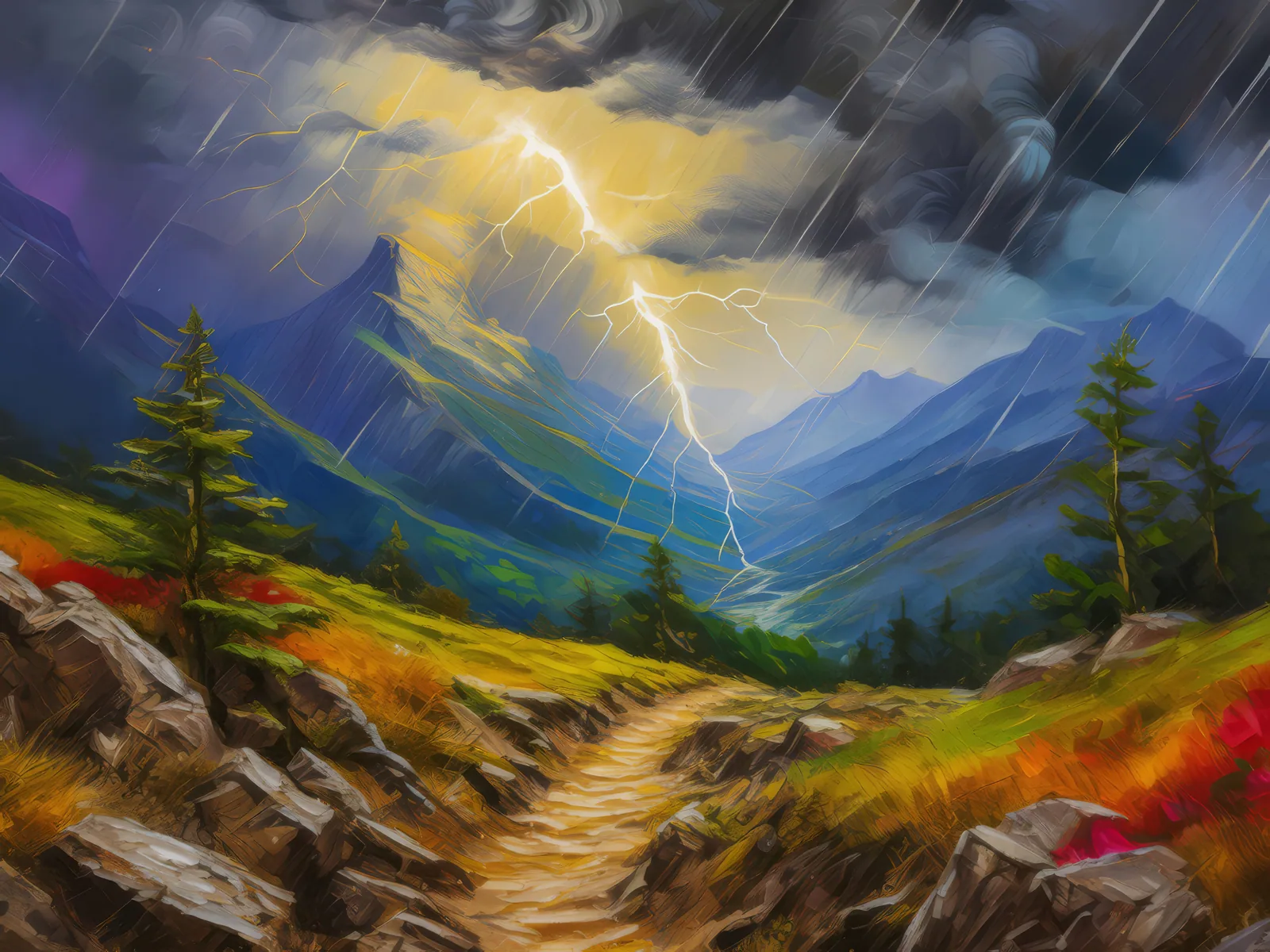 Stormy Mountain Trail, a palette-knife oil landscape by Emma Mickelberg