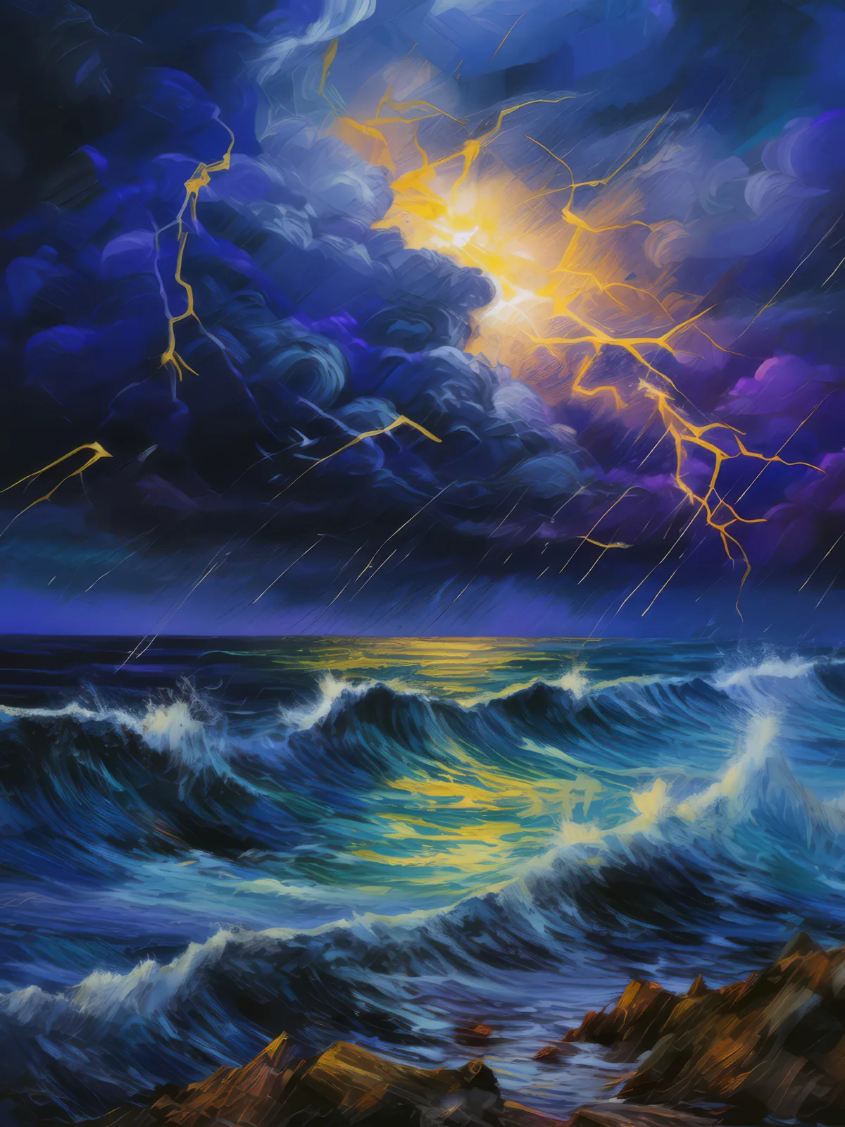 Stormy Ocean at Night, a palette-knife oil landscape by Emma Mickelberg