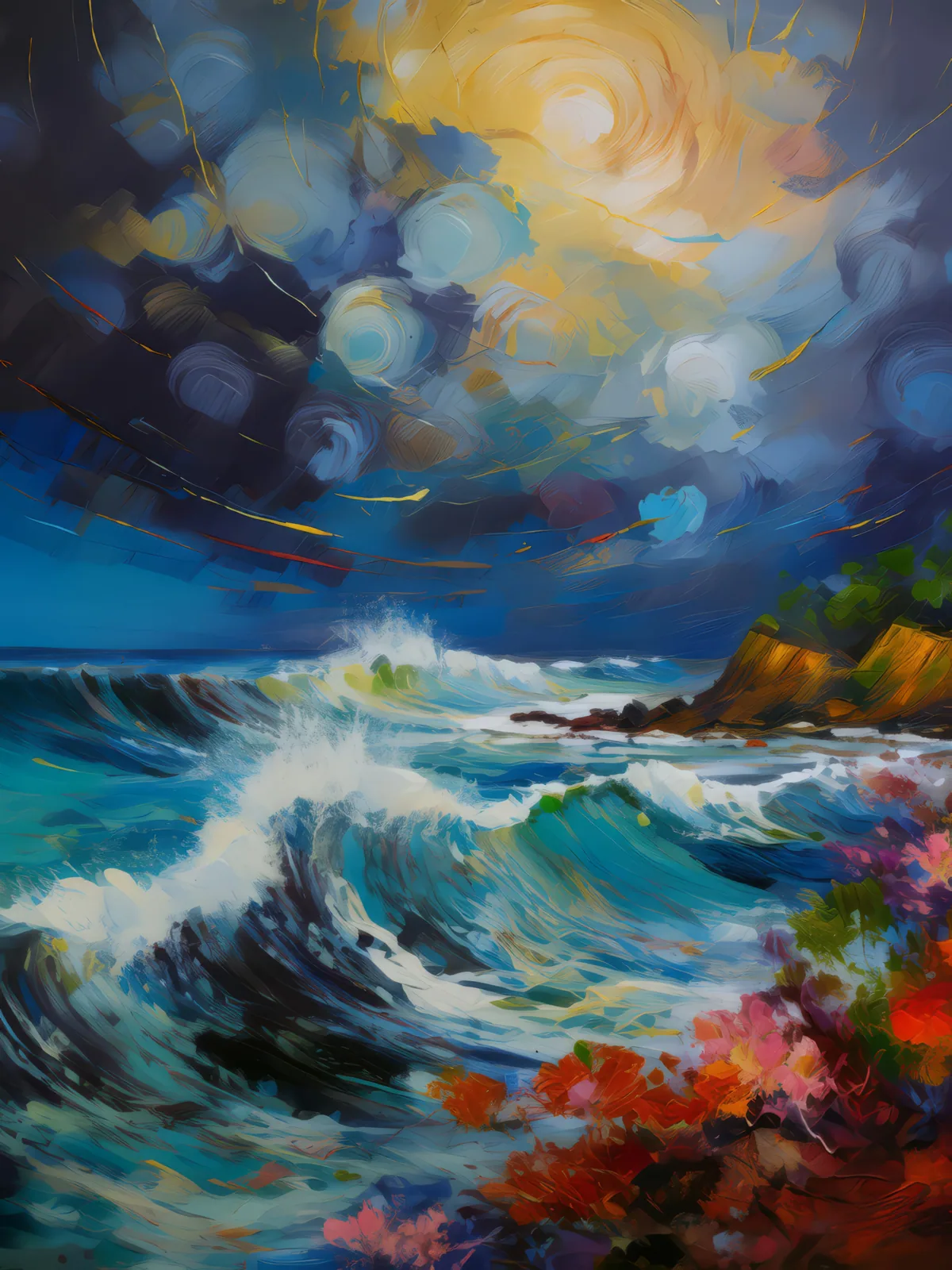 Stormy Reef Waters, a palette-knife oil landscape by Emma Mickelberg