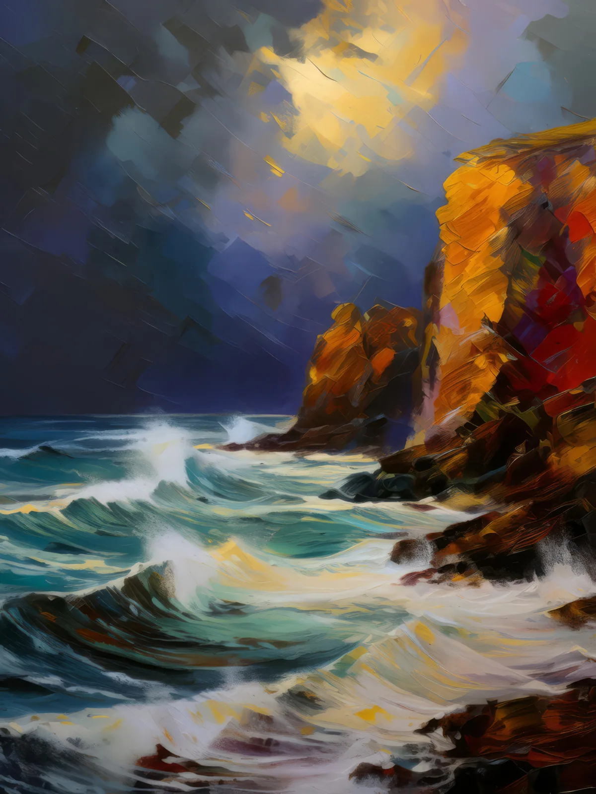 Stormy Sea Cliffs, a palette-knife oil landscape by Emma Mickelberg