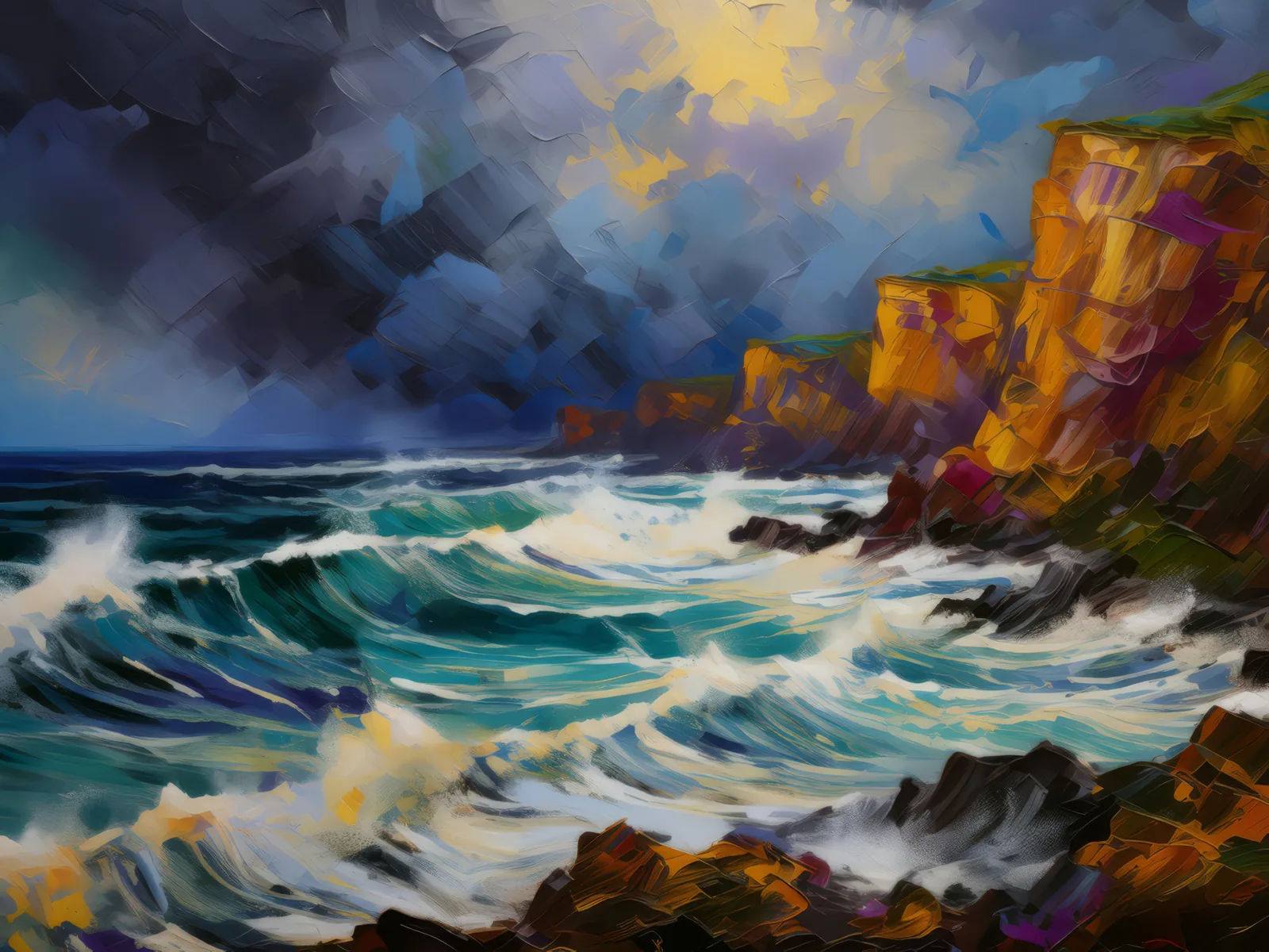 Stormy Seaside Cliffs, a palette-knife oil landscape by Emma Mickelberg