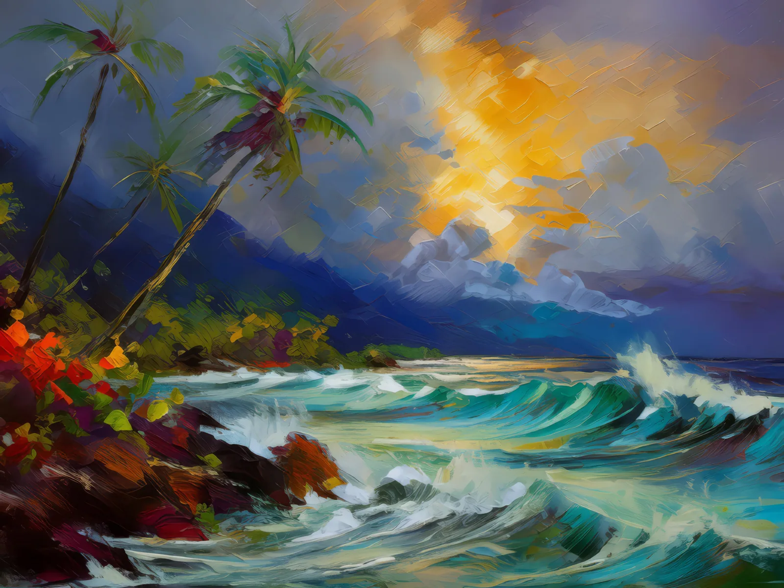 Stormy Tropical Ocean, a palette-knife oil landscape by Emma Mickelberg