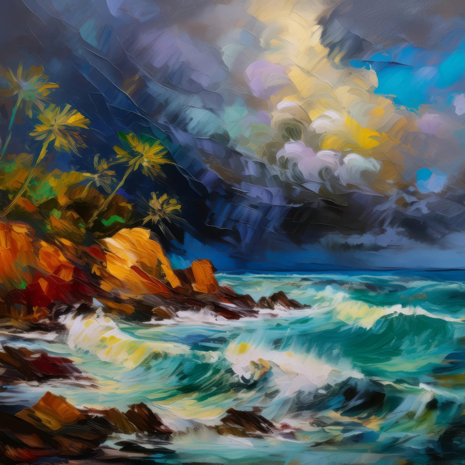 Stormy Tropical Shoreline, a palette-knife oil landscape by Emma Mickelberg
