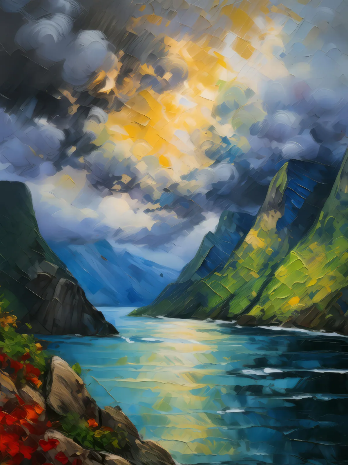 Stormy Weather at the Fjord, a palette-knife oil landscape by Emma Mickelberg