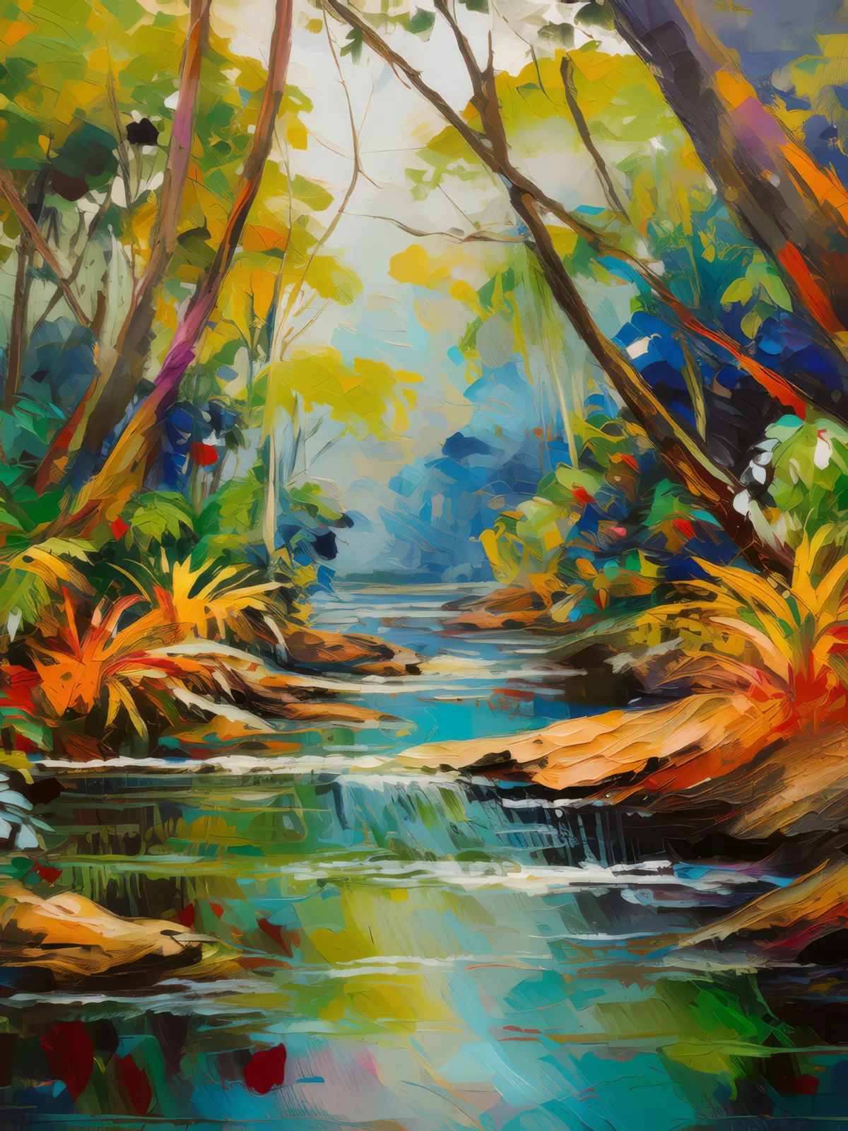 Stream in Dry Forest, a palette-knife oil landscape by Emma Mickelberg