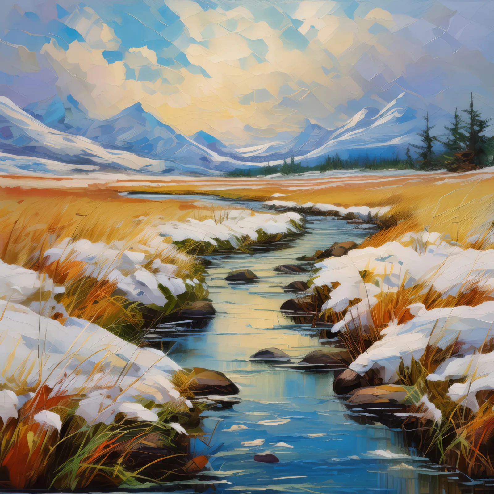 Stream Through Grassland, a palette-knife oil landscape by Emma Mickelberg