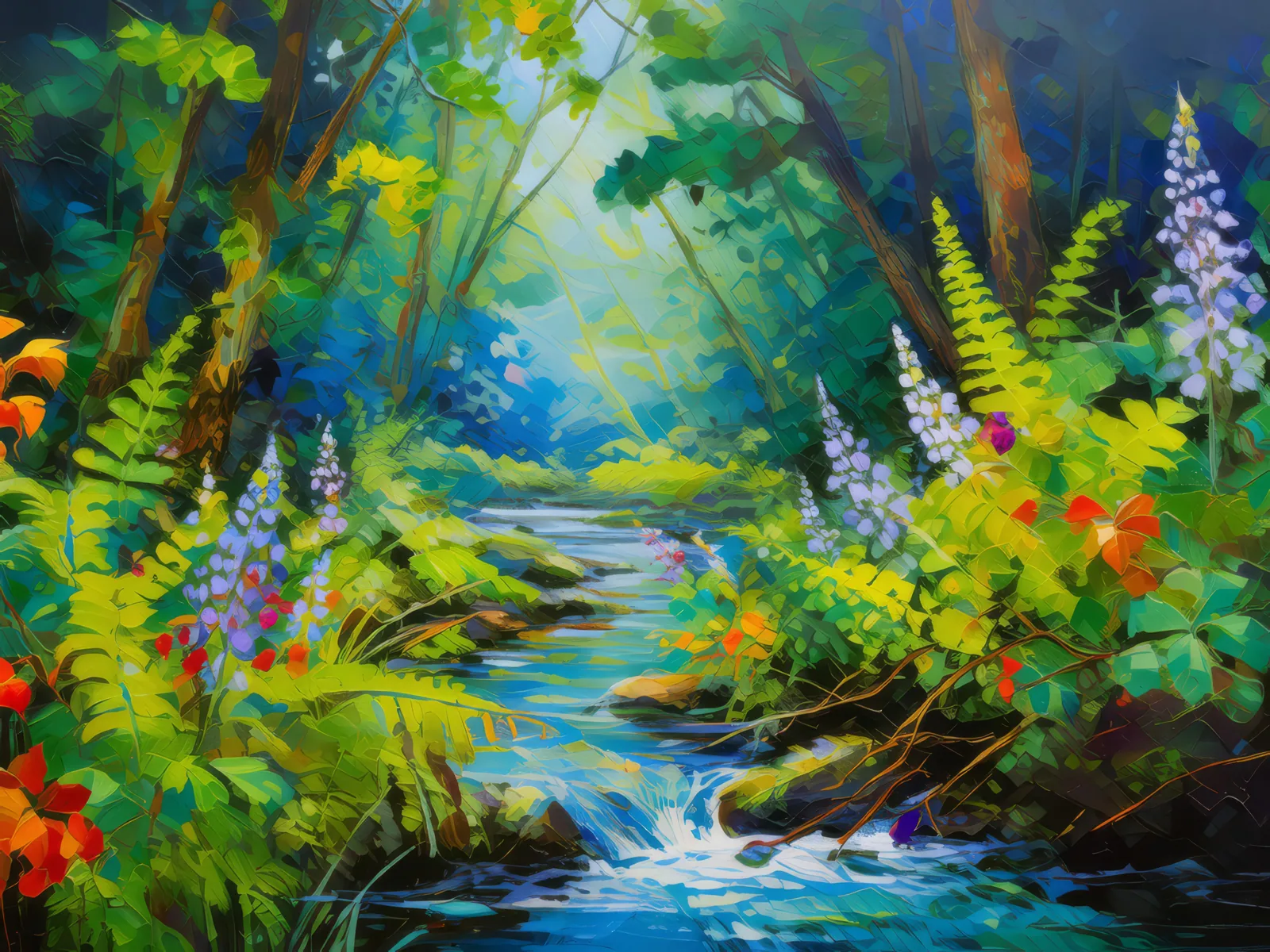 Stream Through Summer Forest, a palette-knife oil landscape by Emma Mickelberg