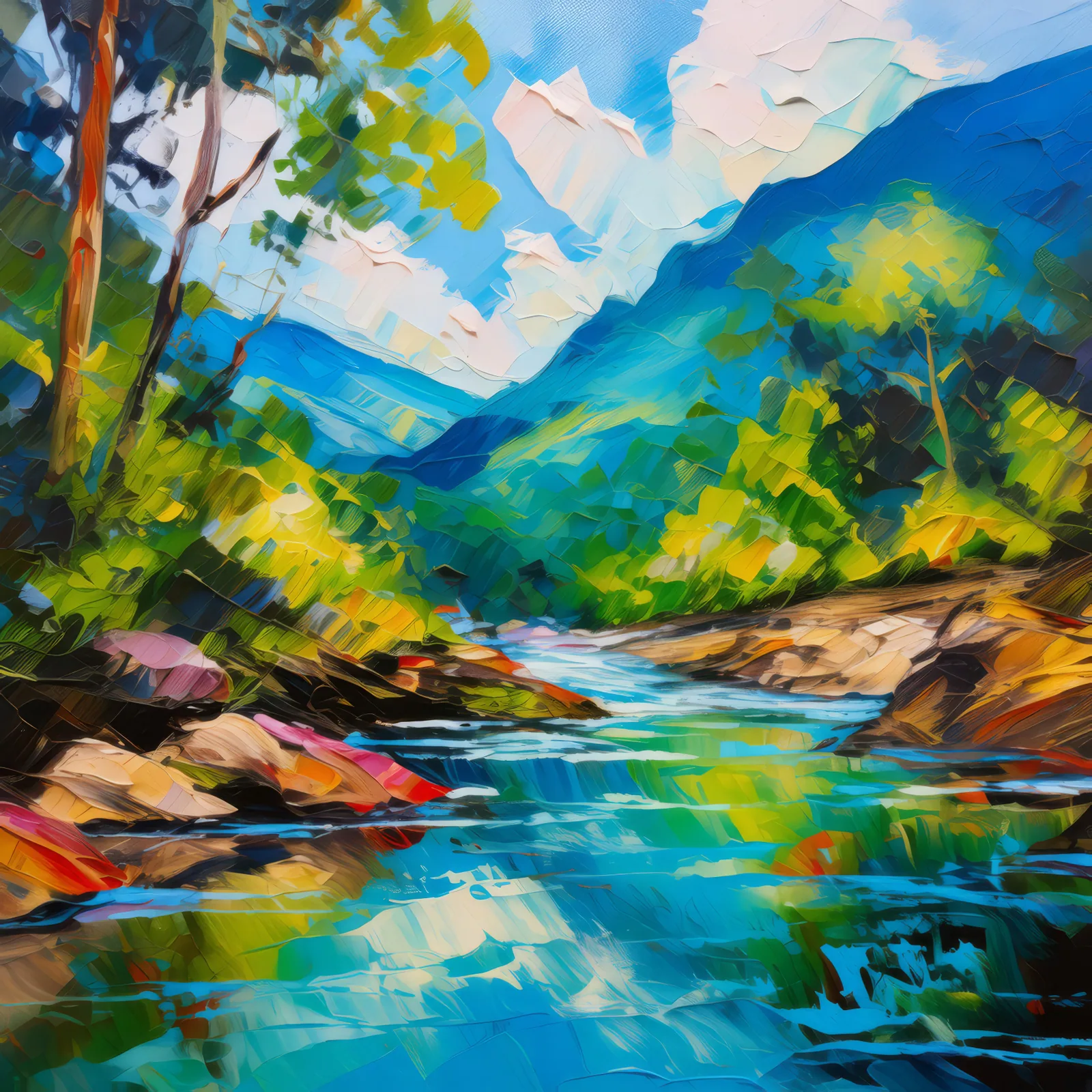 Stream Through Tropical Woods, a palette-knife oil landscape by Emma Mickelberg