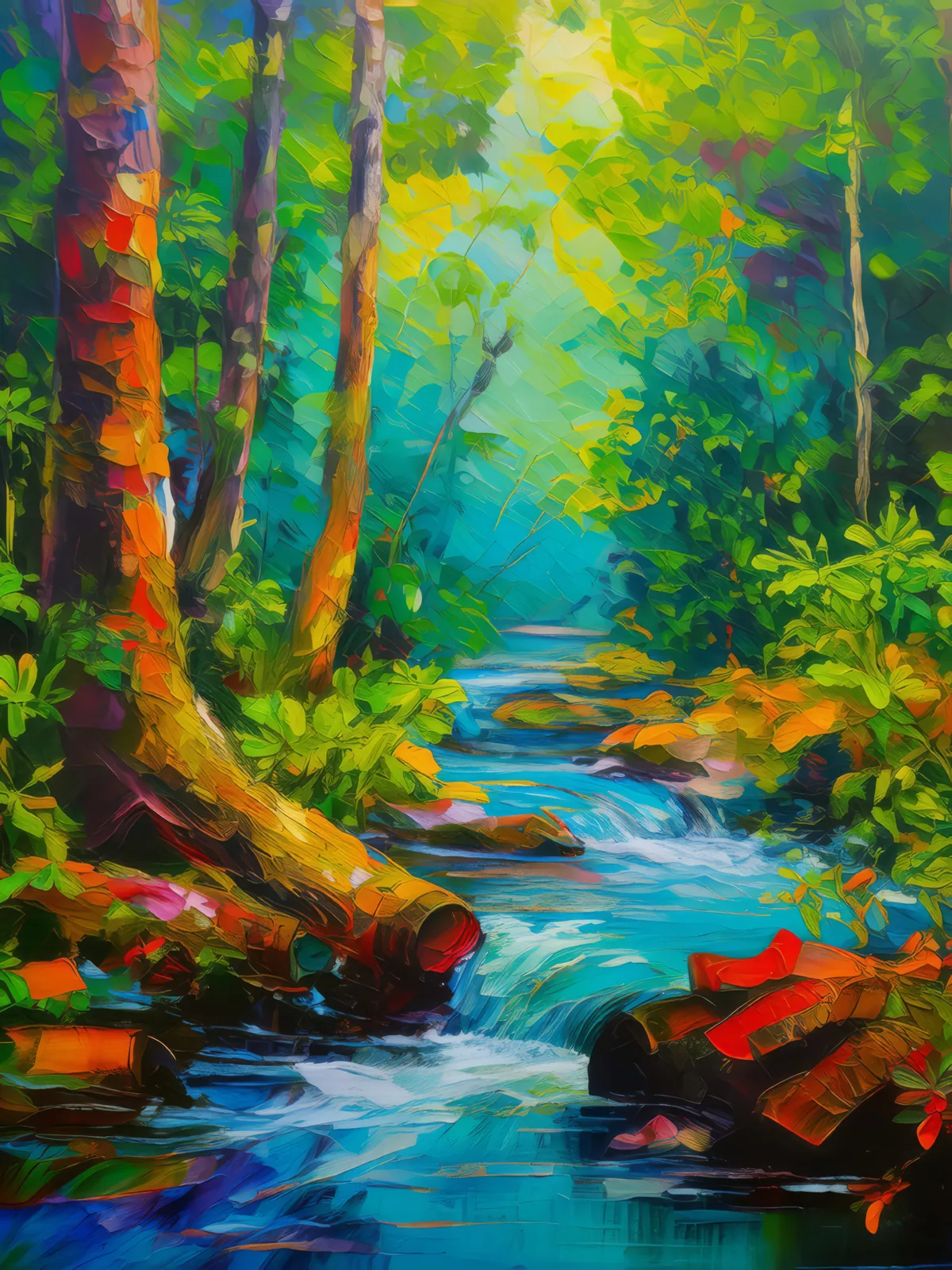 Stream Whisper in the Jungle, a palette-knife oil landscape by Emma Mickelberg