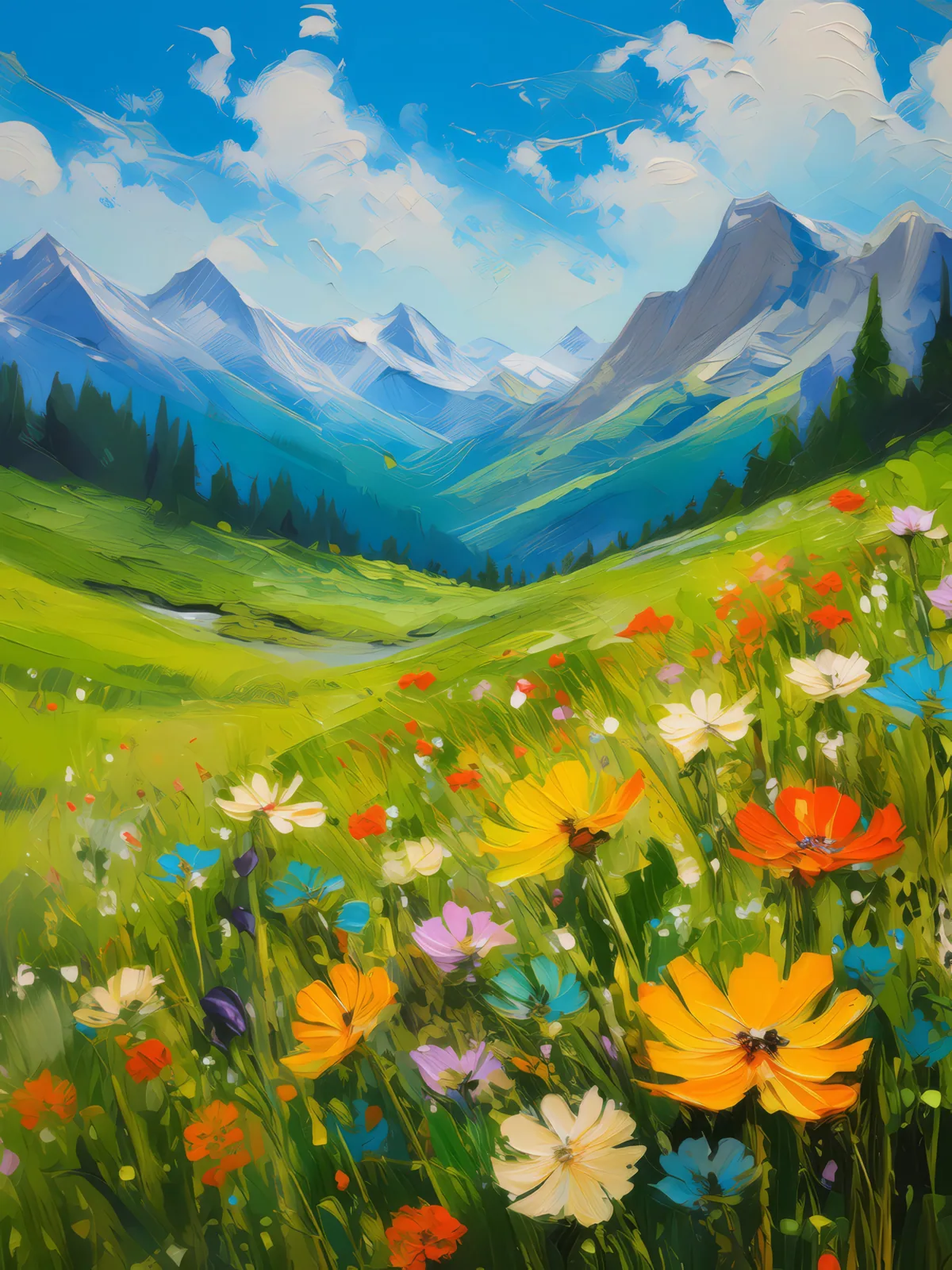 Summer Alpine Meadow, a palette-knife oil landscape by Emma Mickelberg