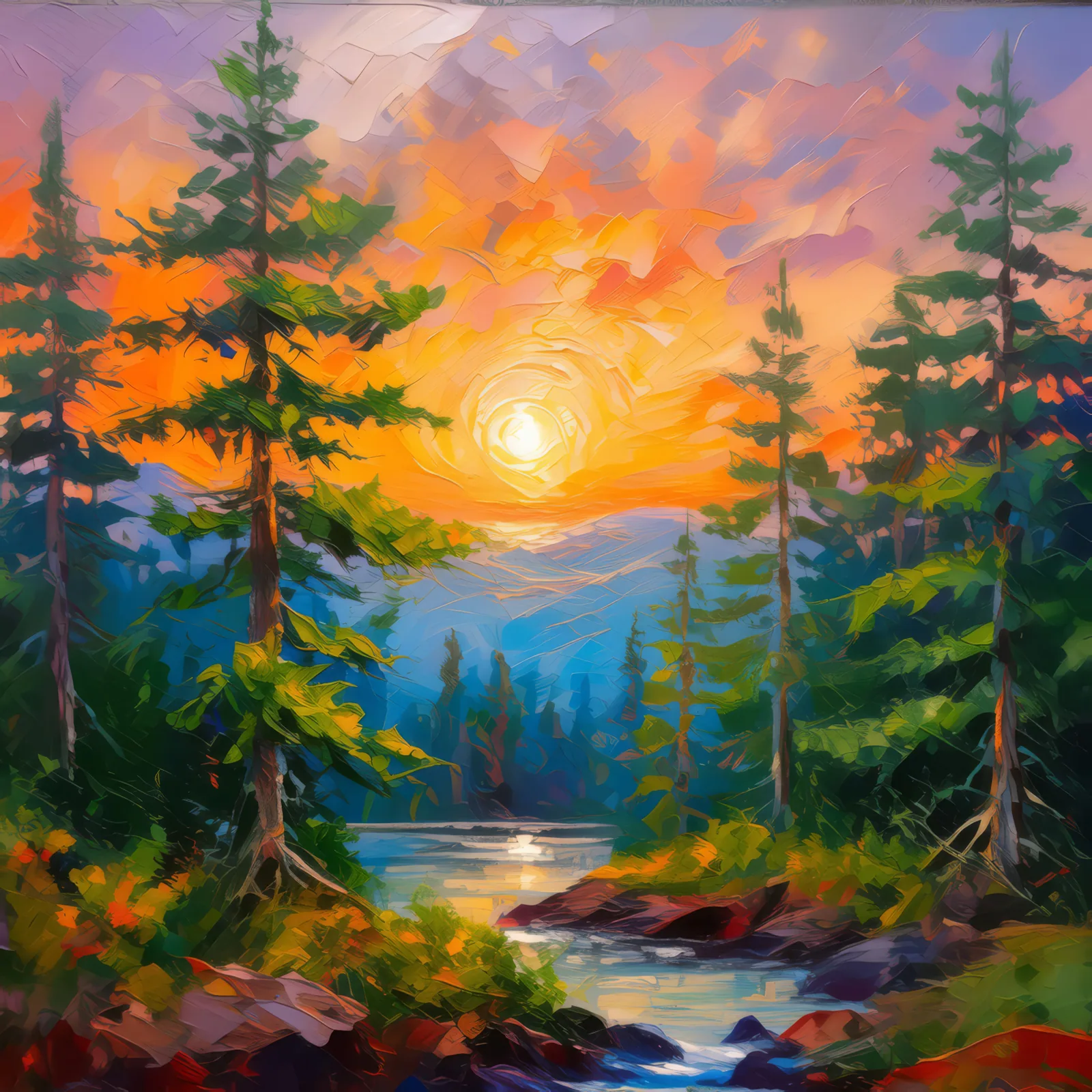 Summer Boreal Sunset, a palette-knife oil landscape by Emma Mickelberg
