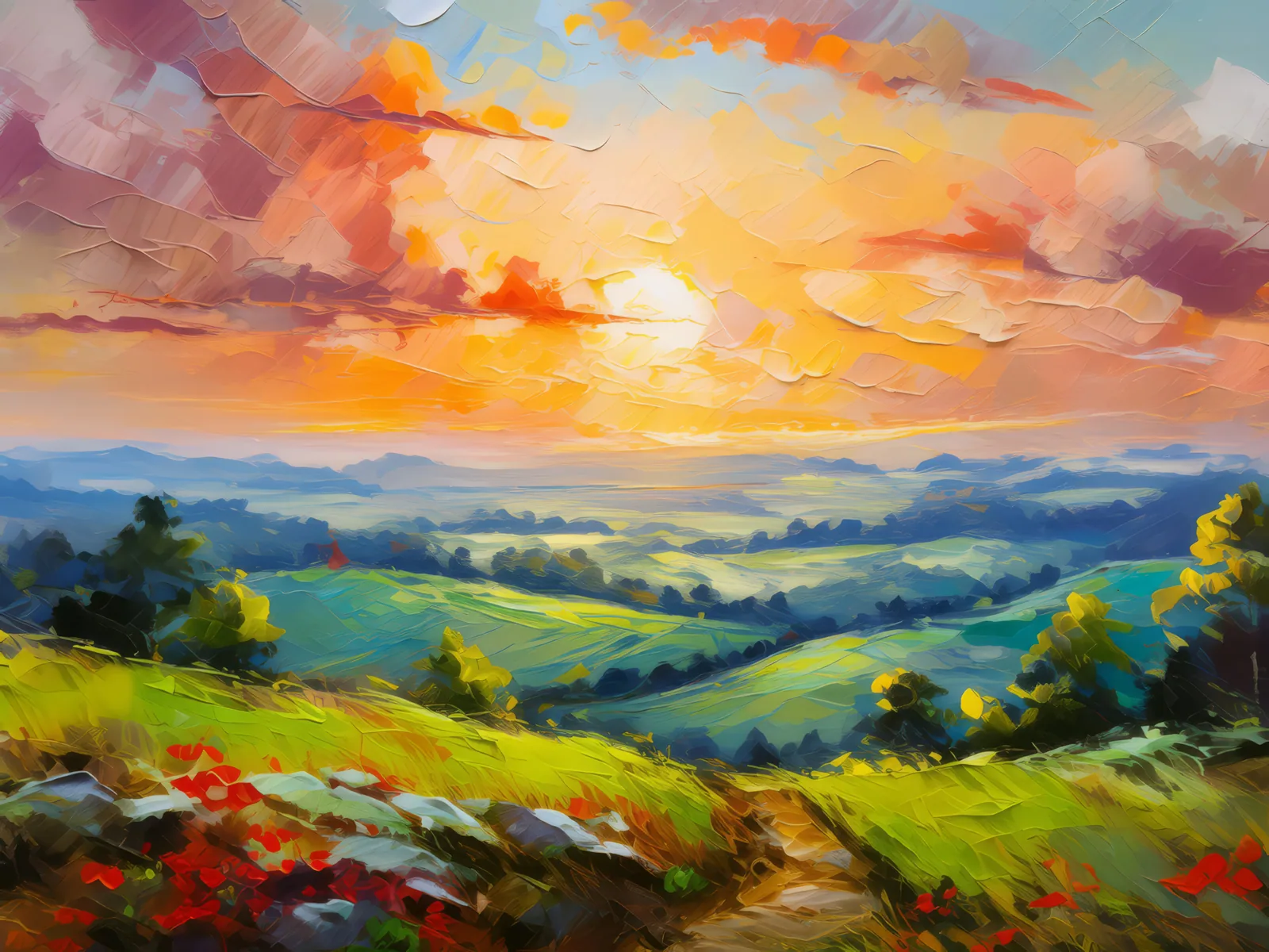 Summer Hilltop Sunrise, a palette-knife oil landscape by Emma Mickelberg