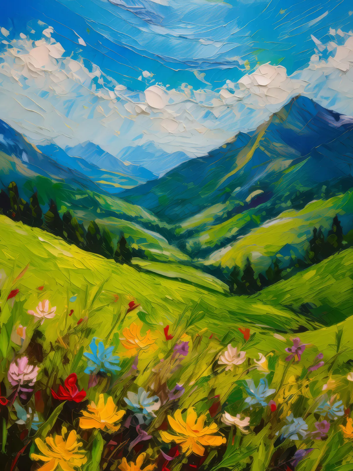 Summer in the Alps, a palette-knife oil landscape by Emma Mickelberg