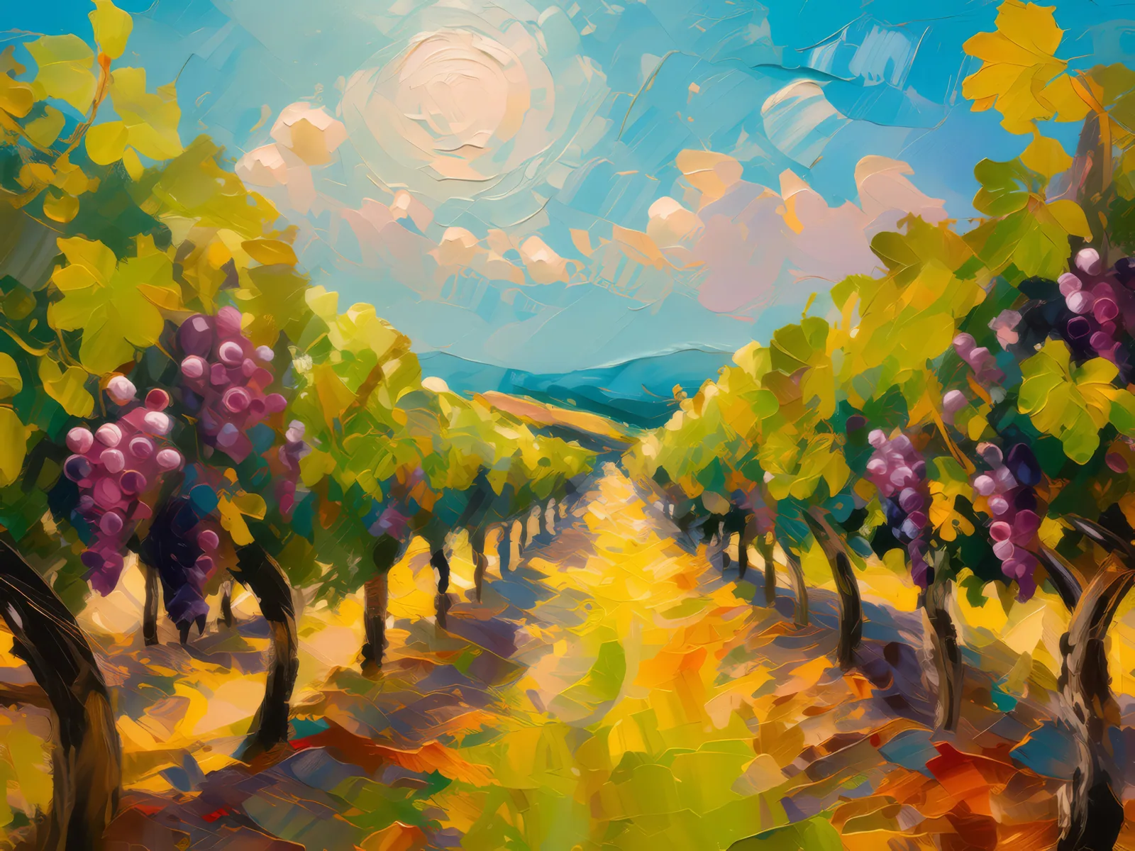 Summer Vineyard at Noon, a palette-knife oil landscape by Emma Mickelberg