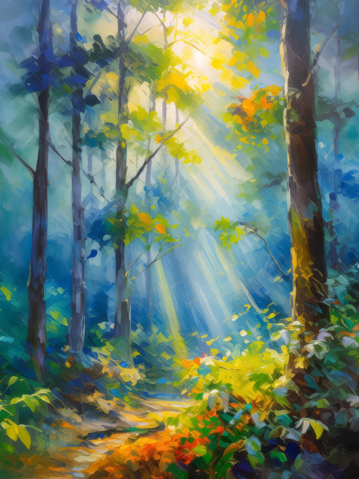 Sunbeam Pierces Forest Mist, a palette-knife oil landscape by Emma Mickelberg