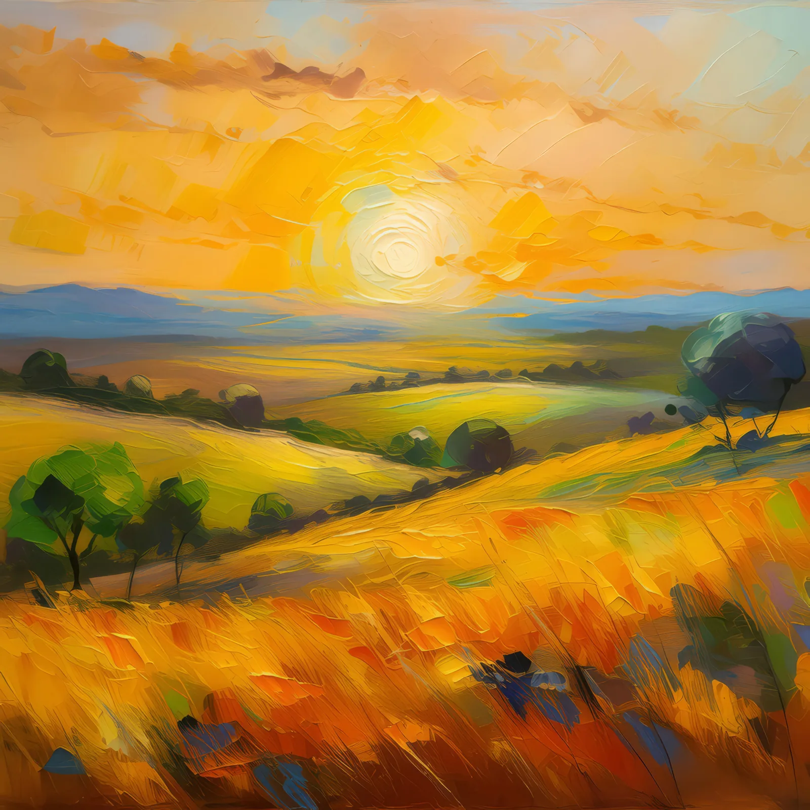 Sundown Over Grassland, a palette-knife oil landscape by Emma Mickelberg