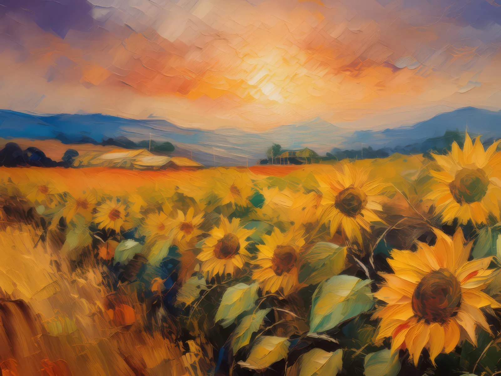 Sunflower Farm Sunset, a palette-knife oil landscape by Emma Mickelberg