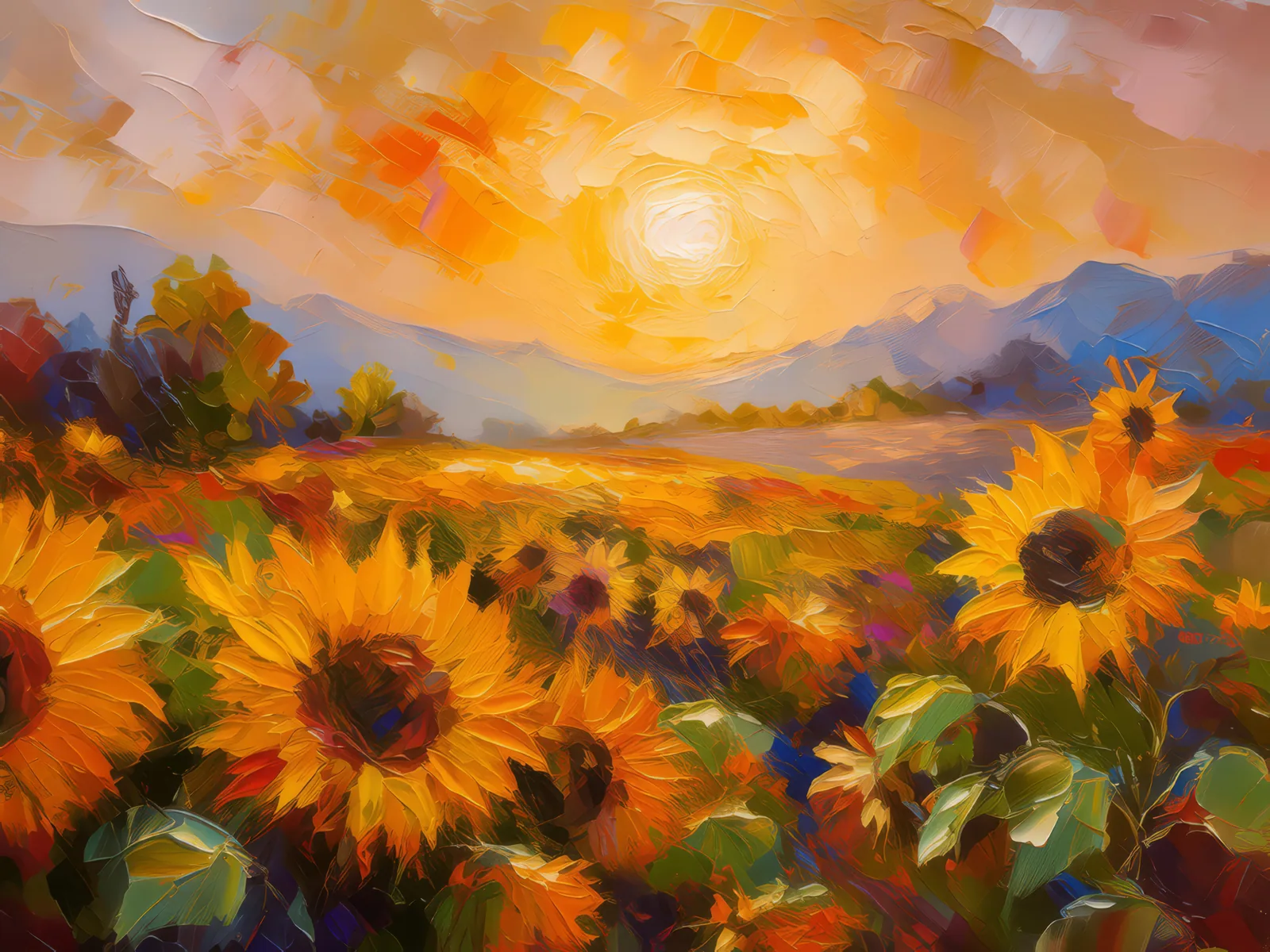 Sunflower Sunrise, a palette-knife oil landscape by Emma Mickelberg