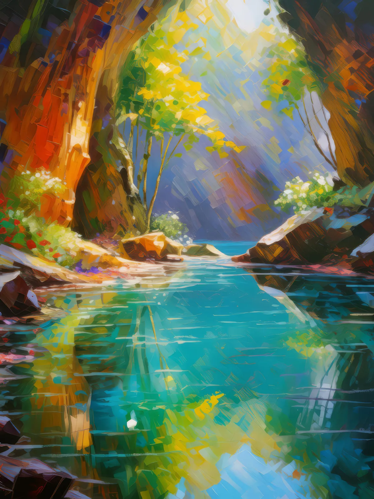Sunlit Cave Grotto, a palette-knife oil landscape by Emma Mickelberg