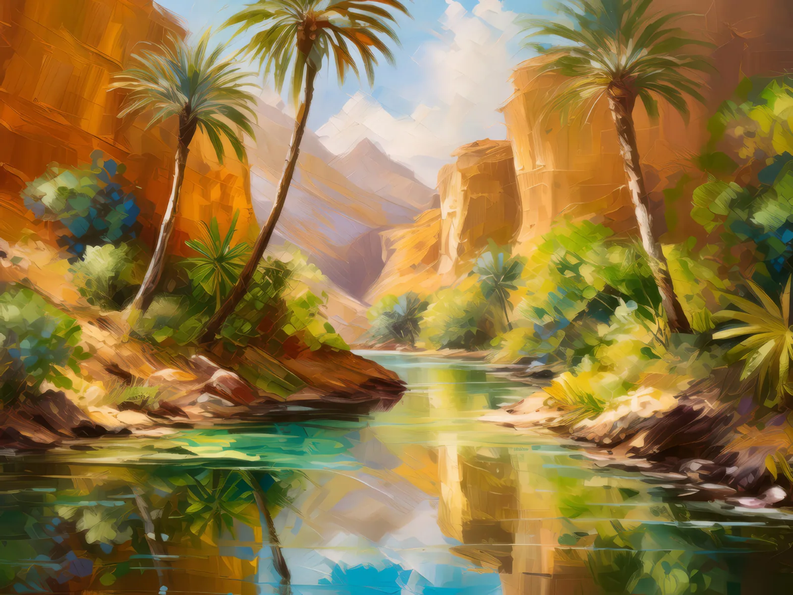 Sunlit Chasm Oasis, a palette-knife oil landscape by Emma Mickelberg