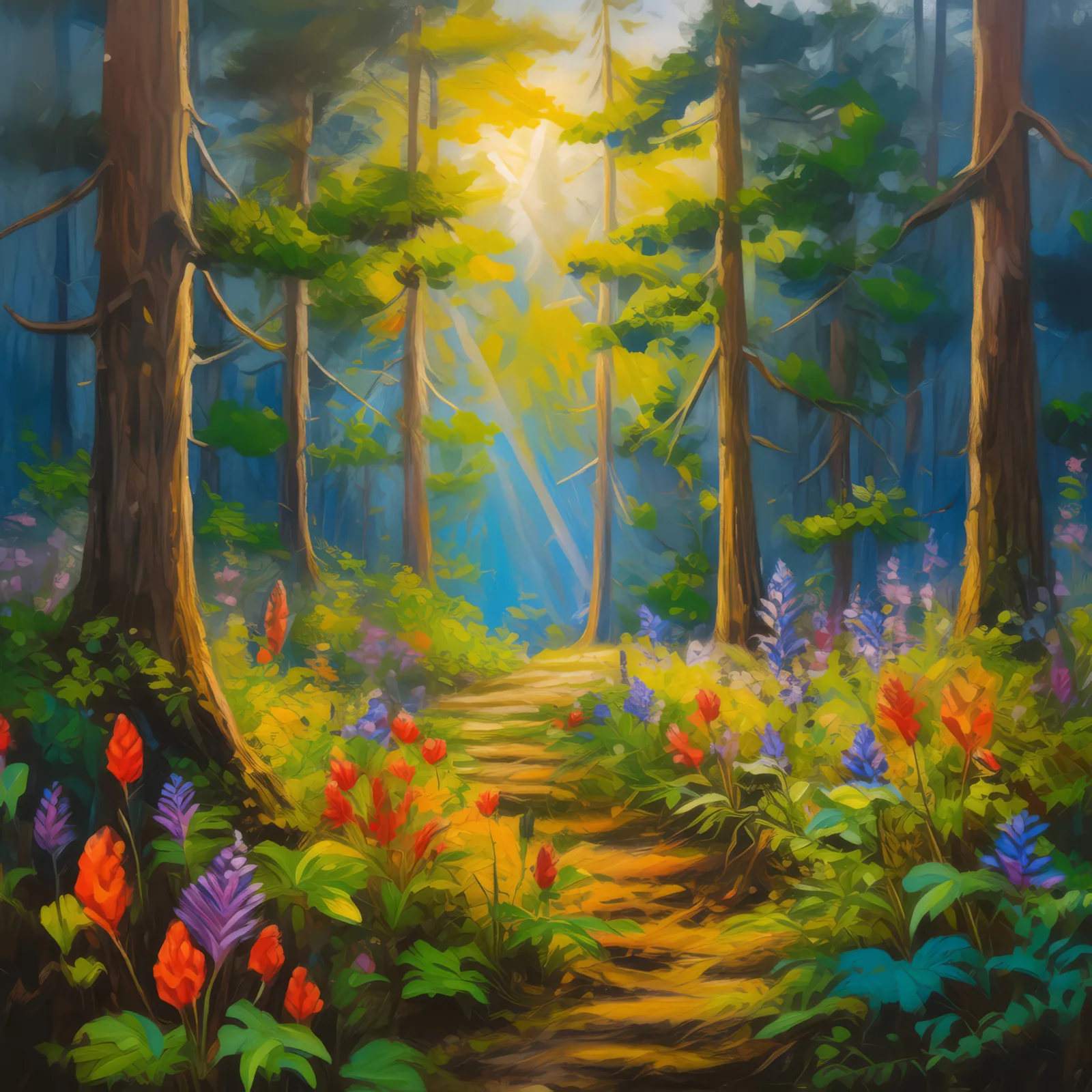 Sunlit Clearing Discovery, a palette-knife oil landscape by Emma Mickelberg