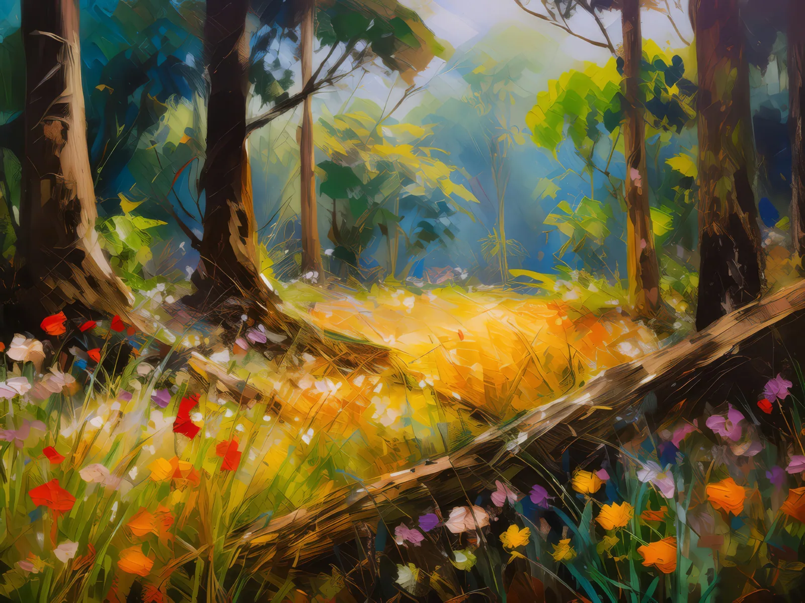 Sunlit Dry Forest Meadow, a palette-knife oil landscape by Emma Mickelberg