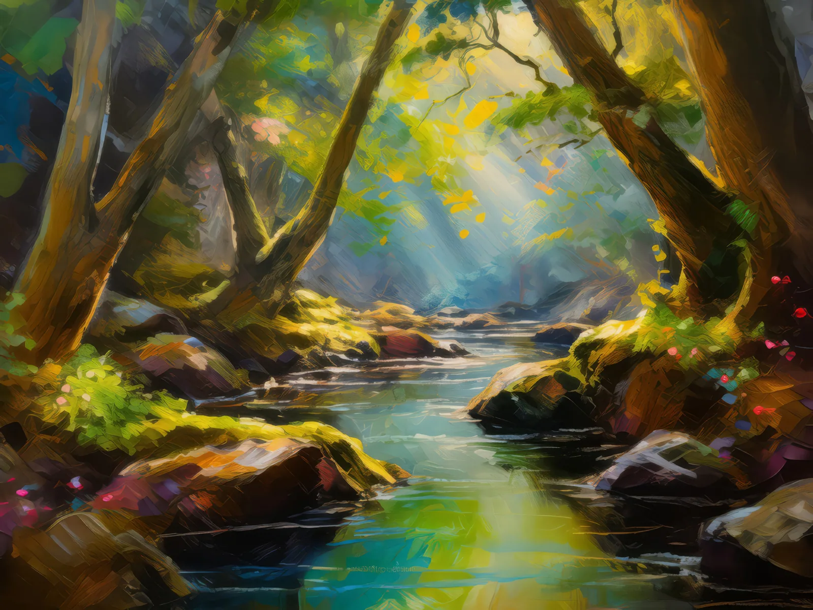 Sunlit Forest Grotto, a palette-knife oil landscape by Emma Mickelberg