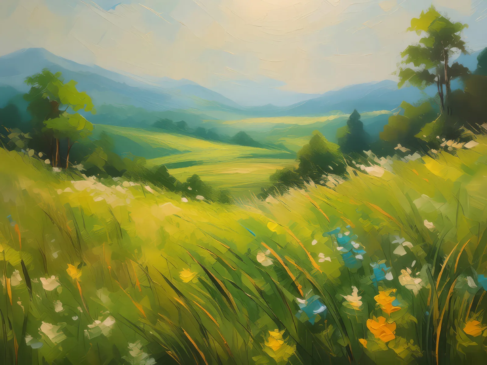 Sunlit Grassland Field, a palette-knife oil landscape by Emma Mickelberg