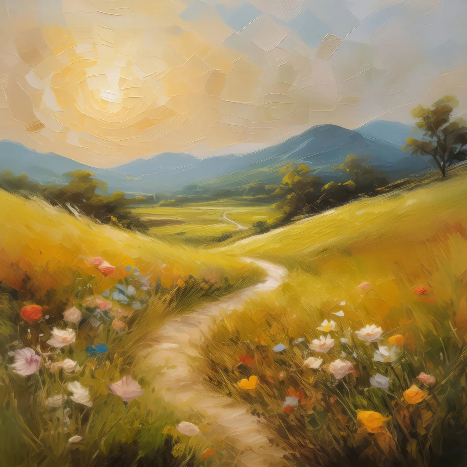 Sunlit Grassland Path, a palette-knife oil landscape by Emma Mickelberg
