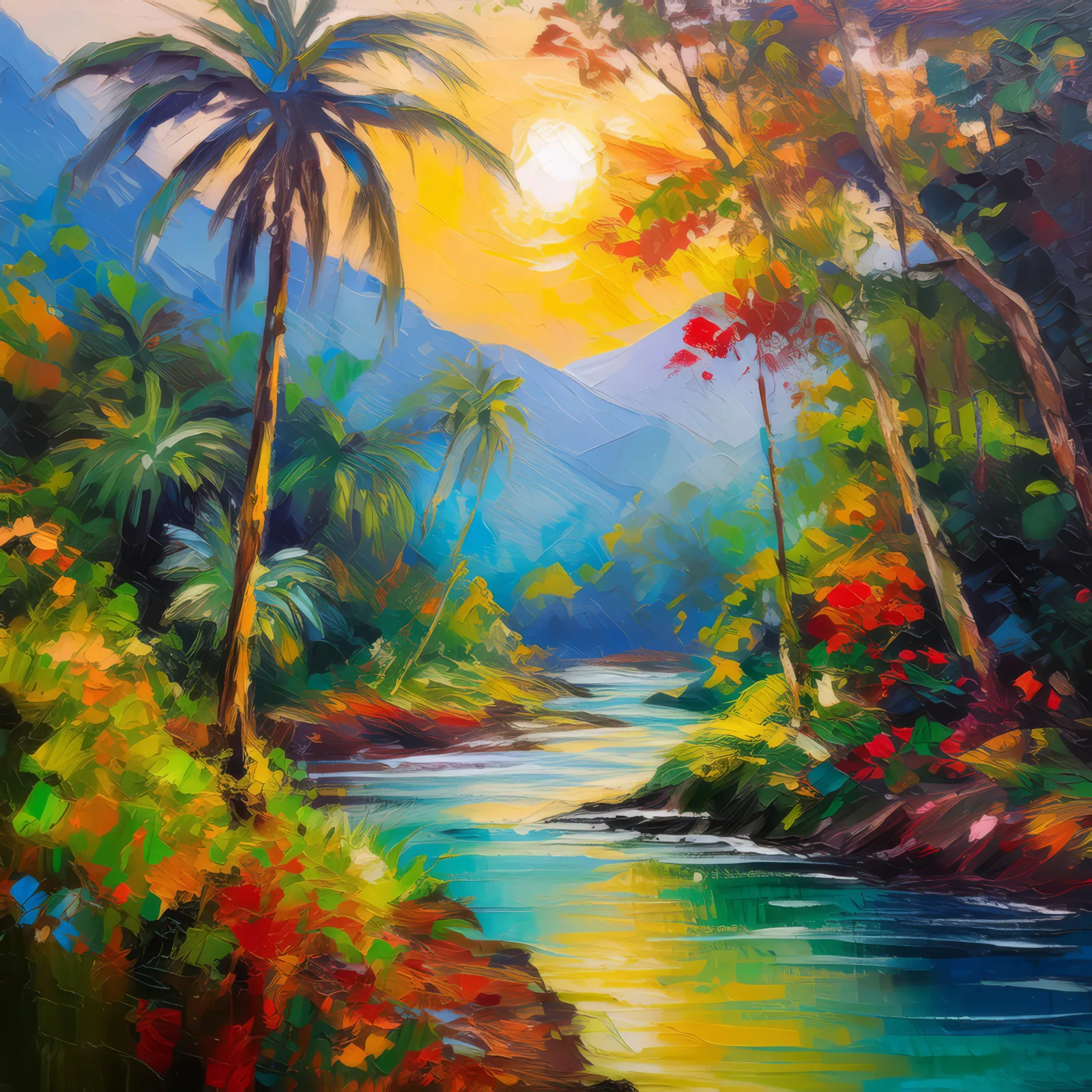 Sunlit Jungle River Path, a palette-knife oil landscape by Emma Mickelberg